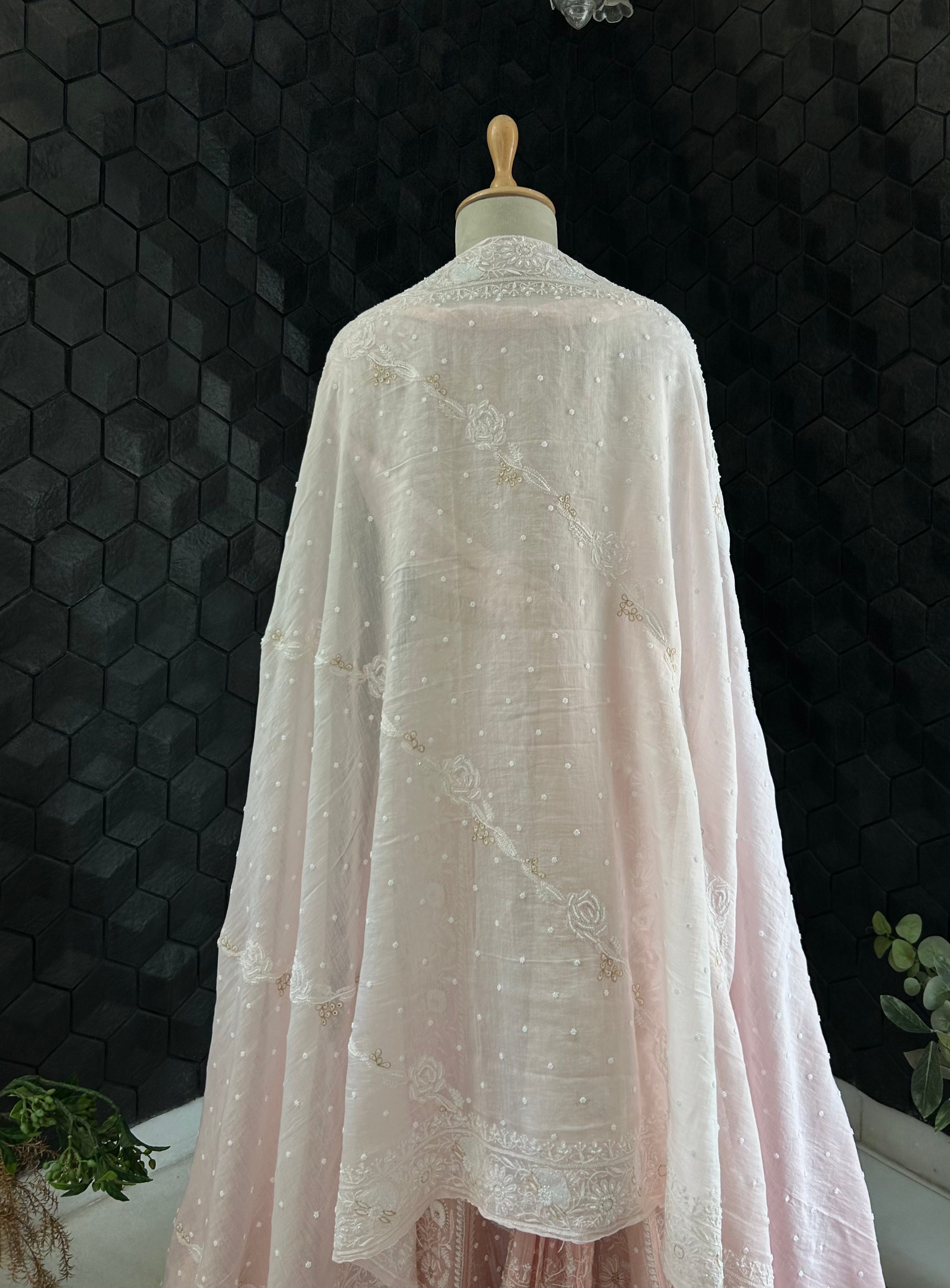 Pink Mul Chanderi Chikankari Lehenga Set