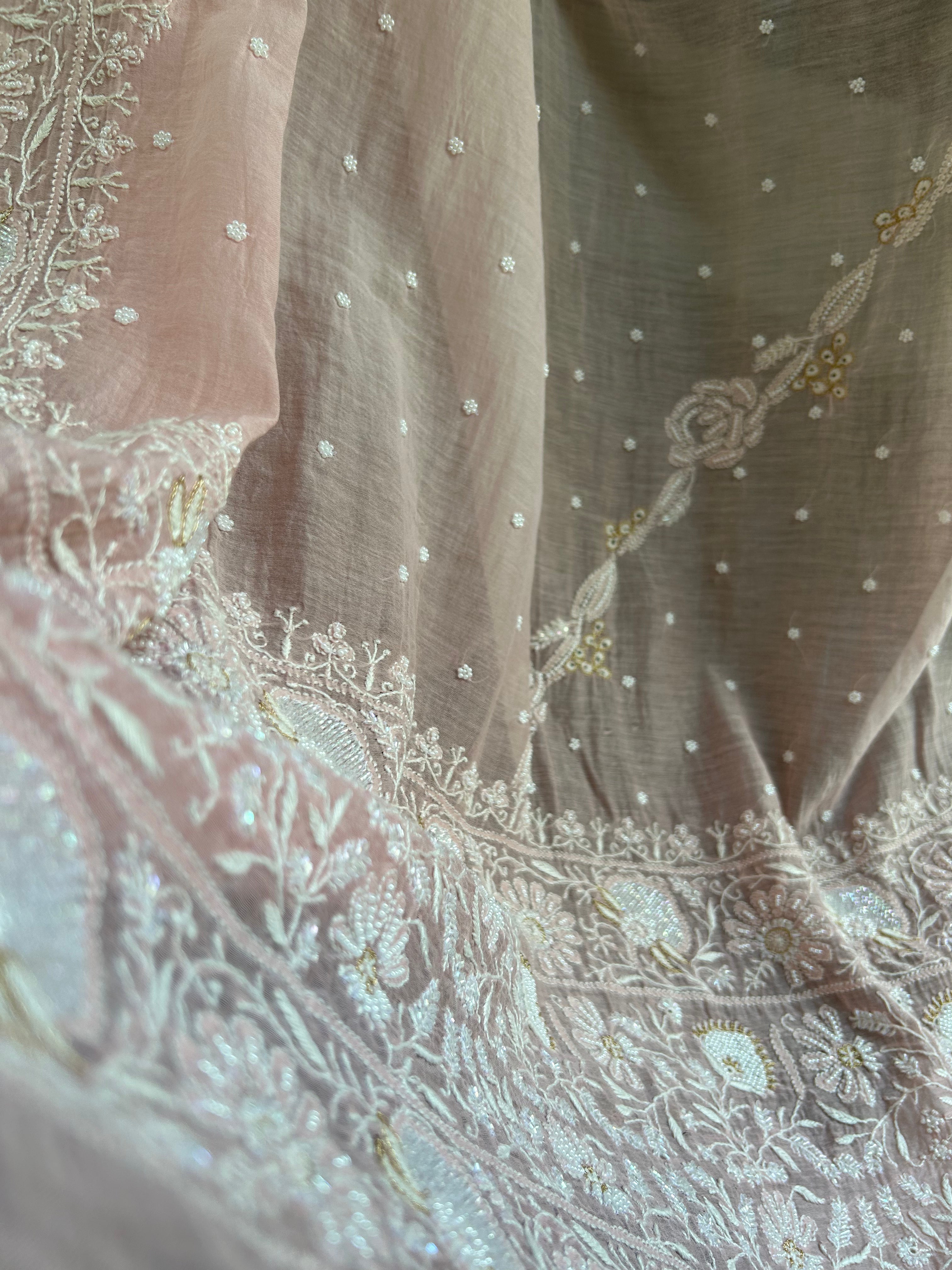 Pink Mul Chanderi Chikankari Lehenga Set