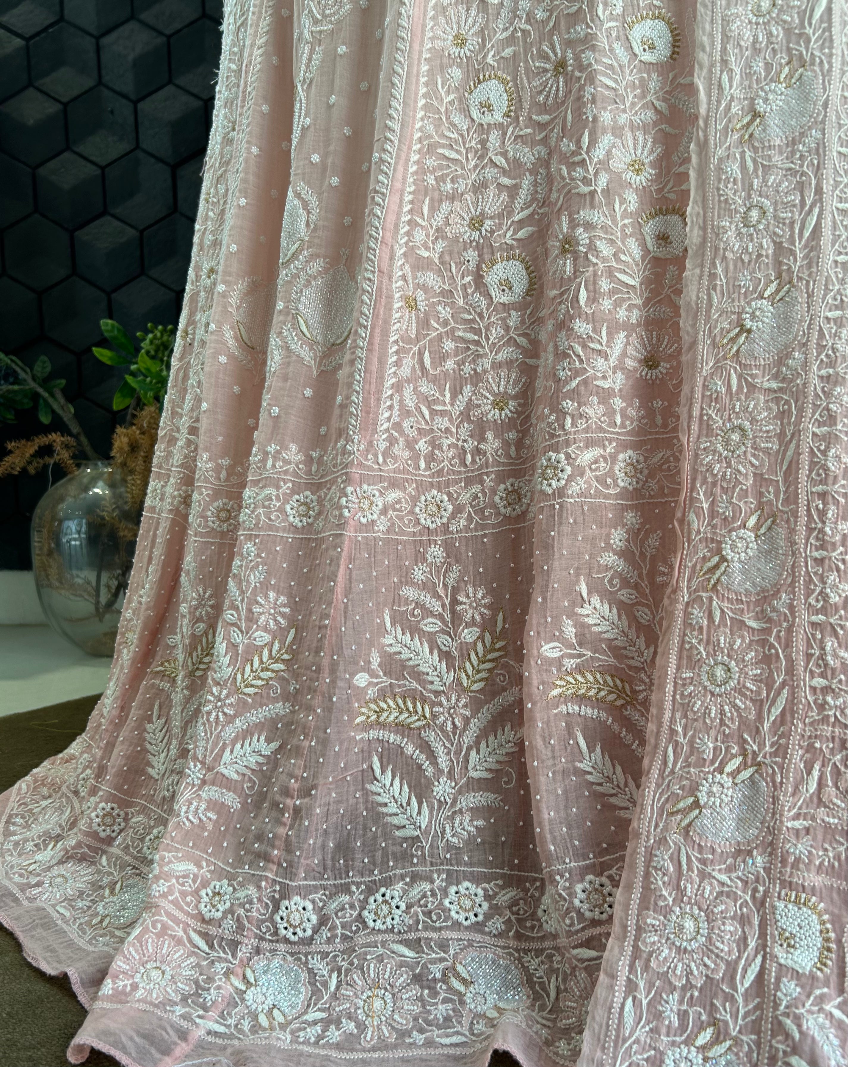Pink Mul Chanderi Chikankari Lehenga Set