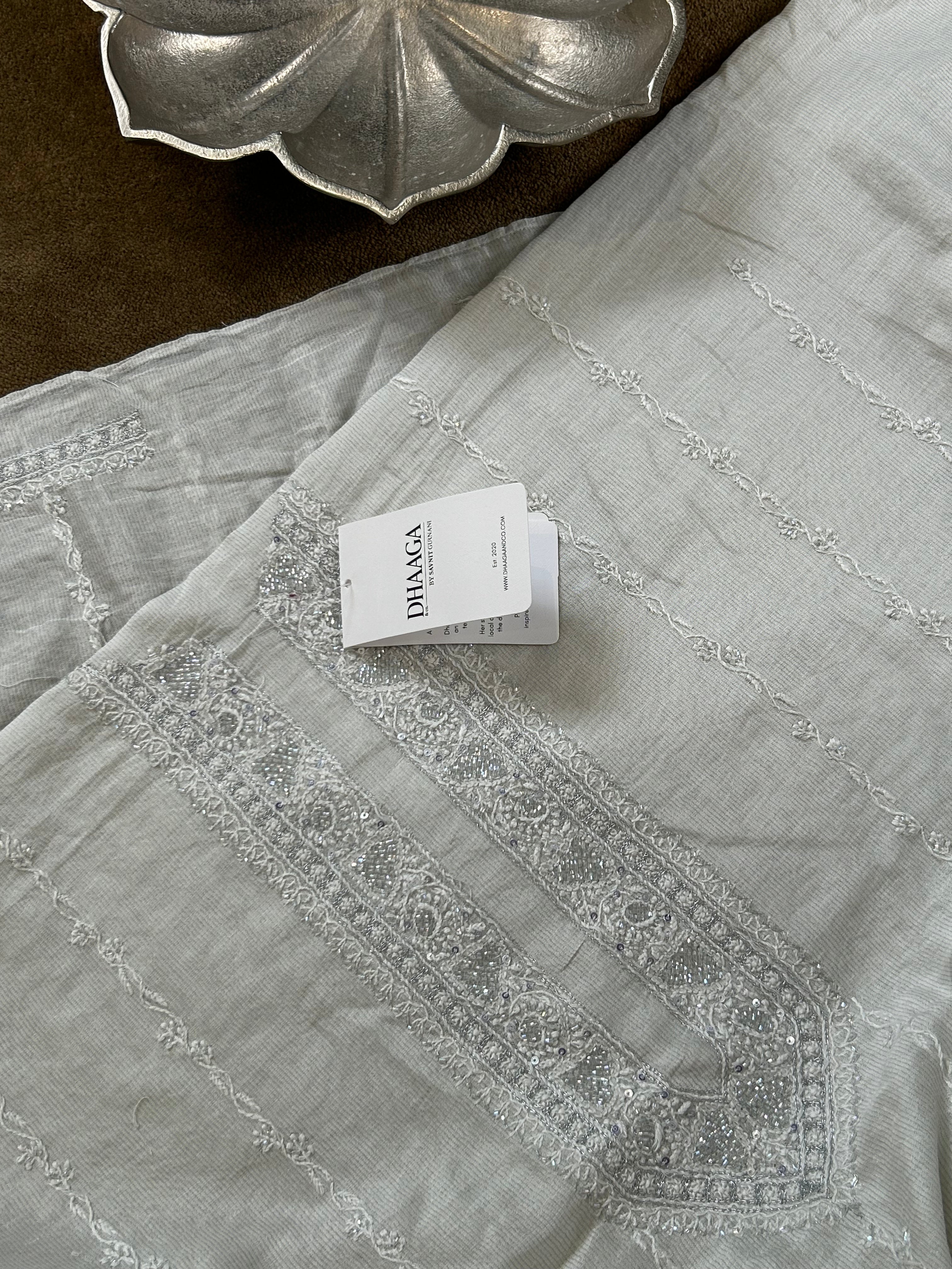 Silver Tissue Chikankari Mens Kurta