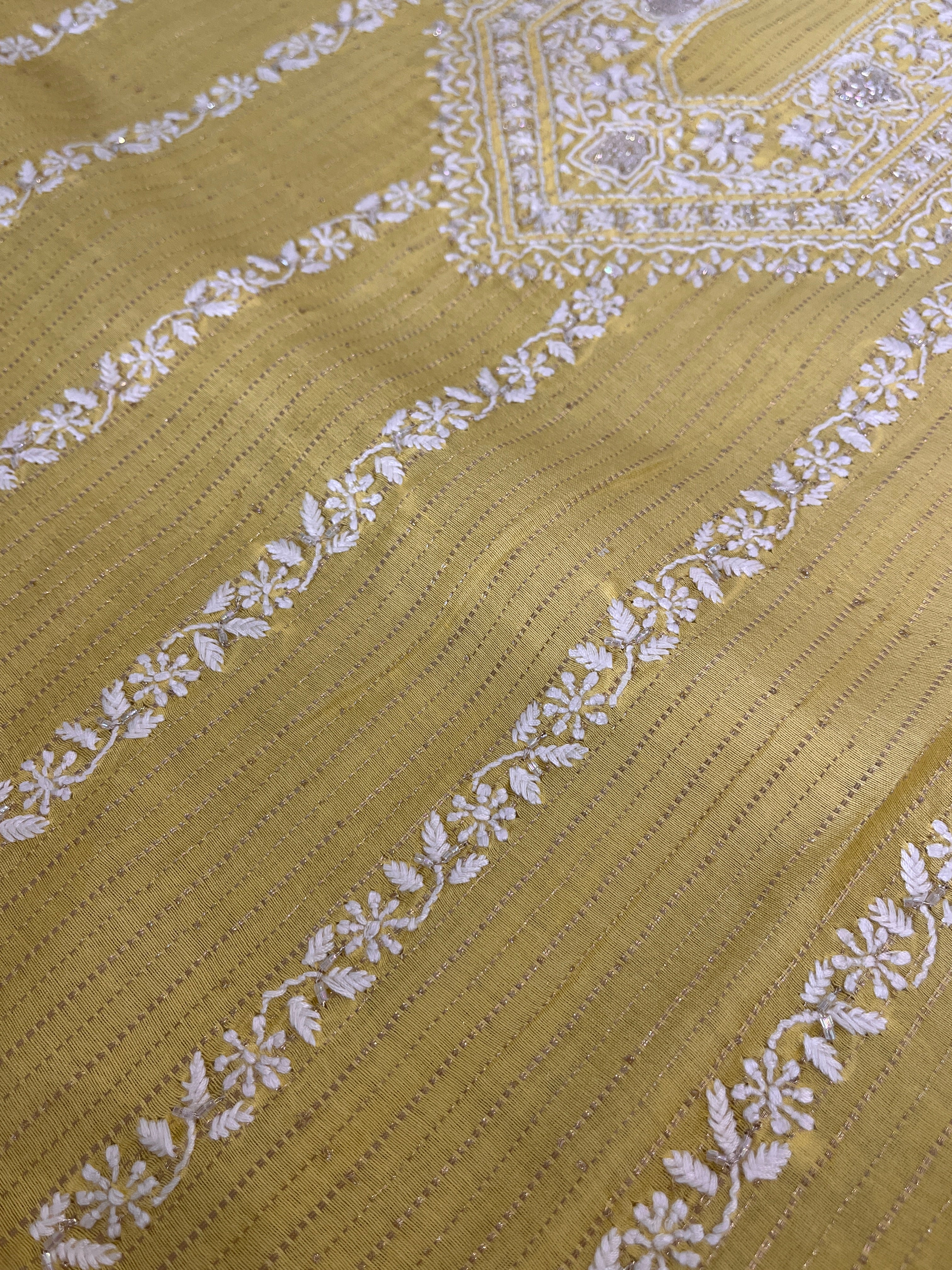Lime Yellow Chanderi Chikankari Mens Kurta