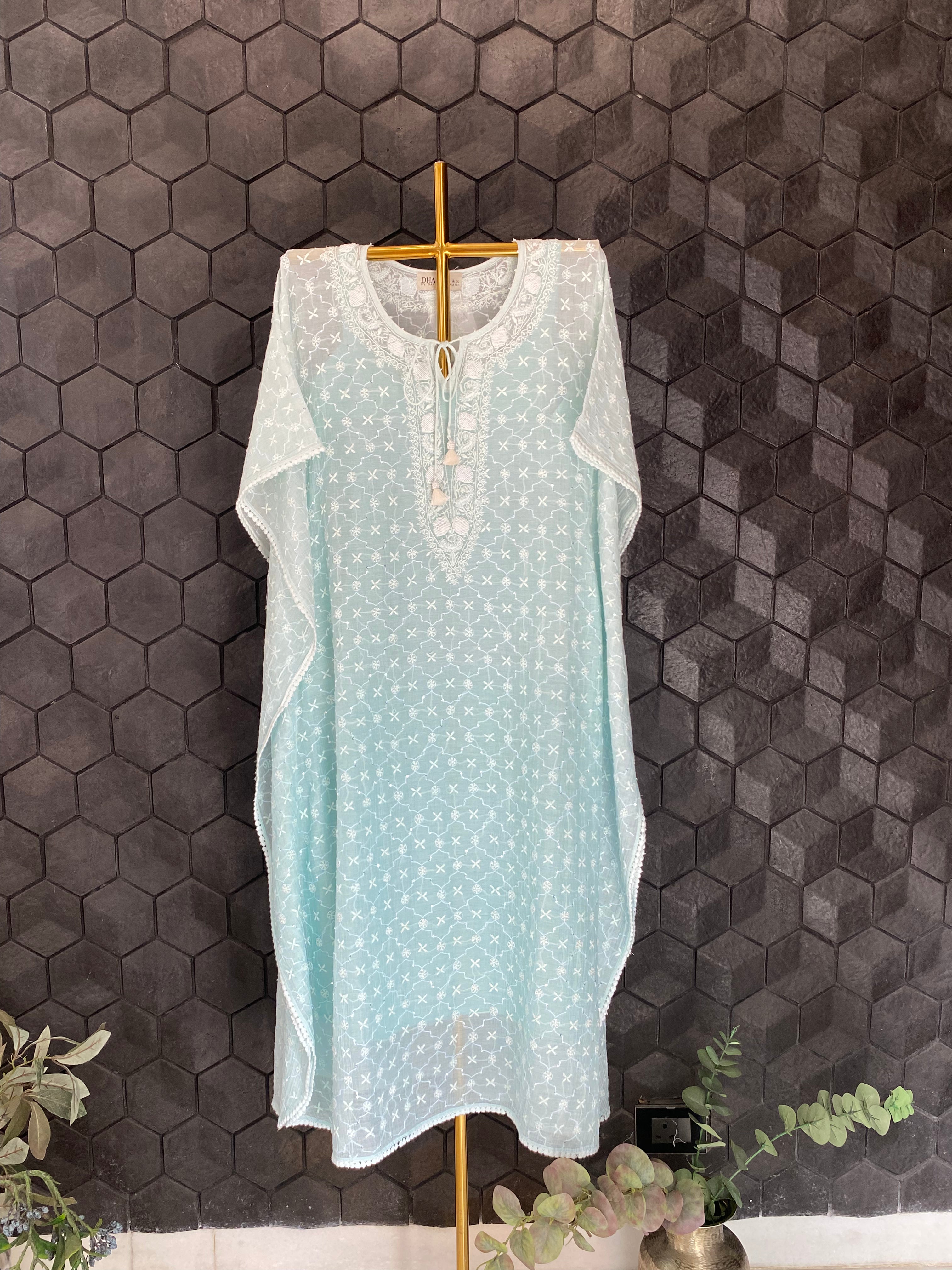 Sea Green Ombre Mul Chanderi Chikankari Kaftan