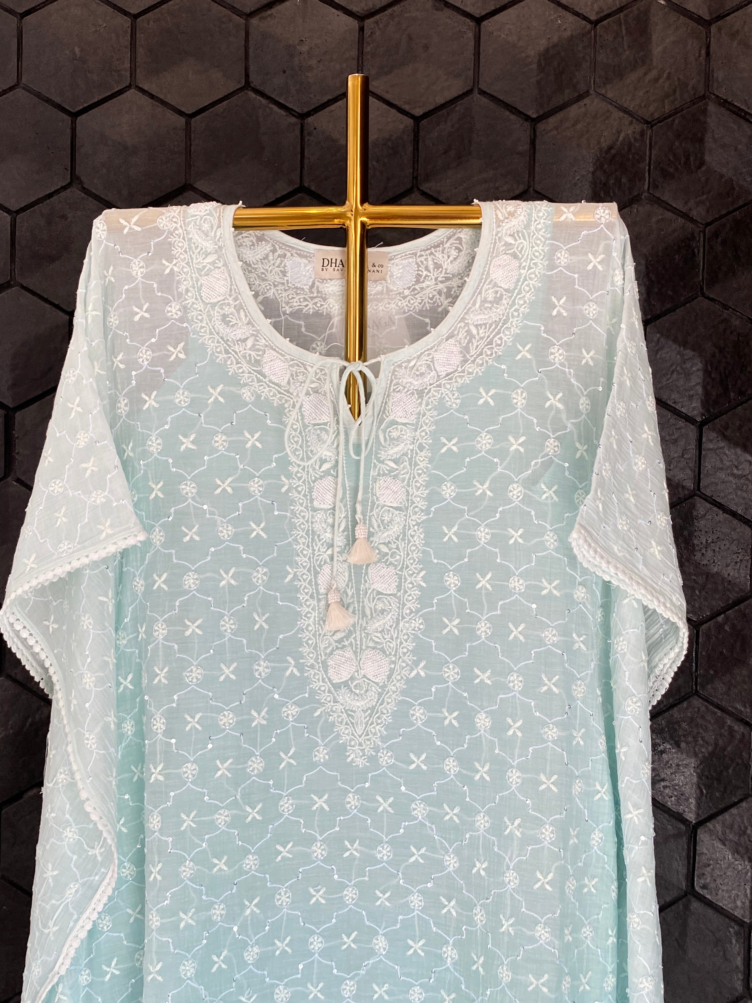 Sea Green Ombre Mul Chanderi Chikankari Kaftan