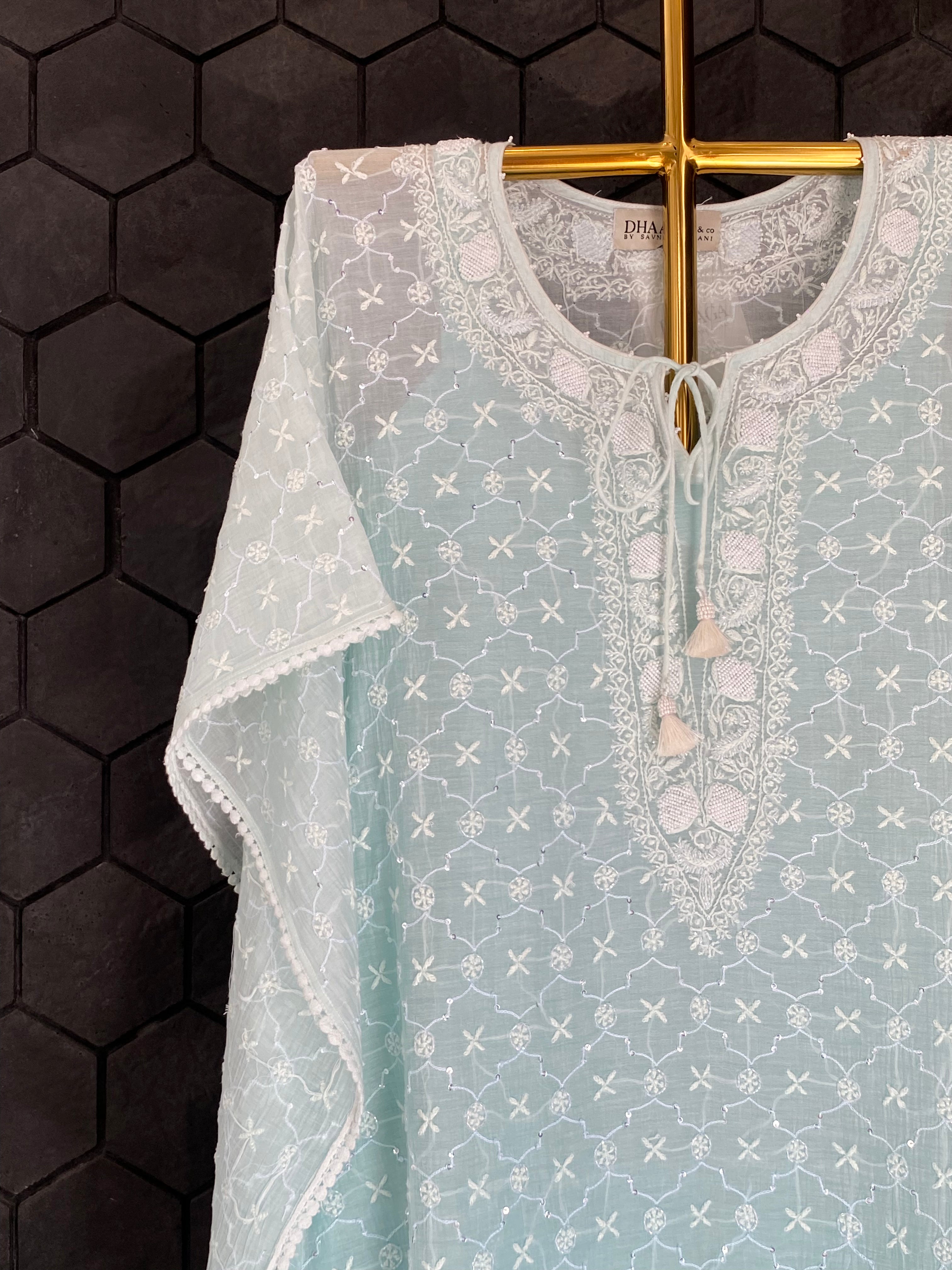 Sea Green Ombre Mul Chanderi Chikankari Kaftan