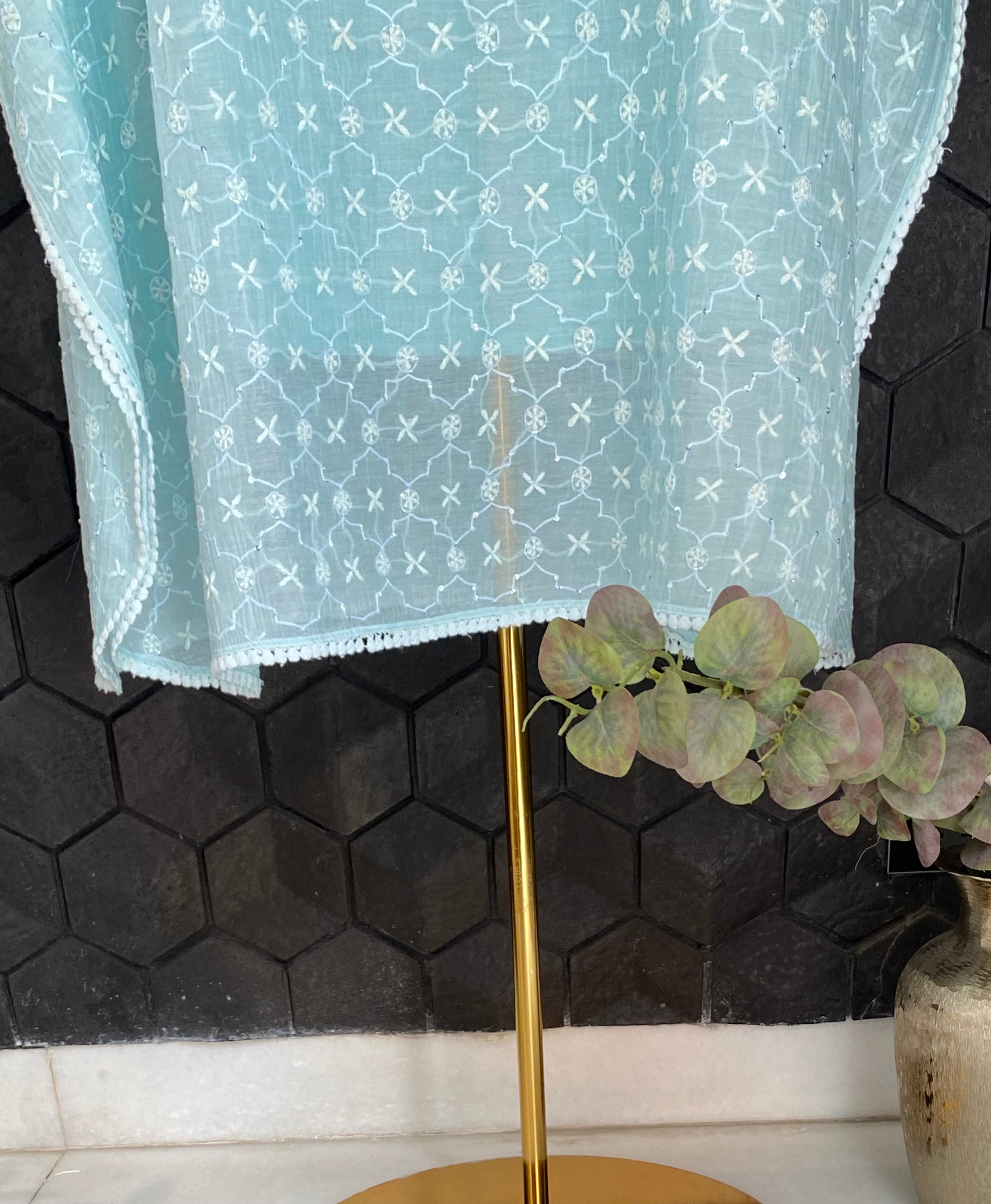 Sea Green Ombre Mul Chanderi Chikankari Kaftan