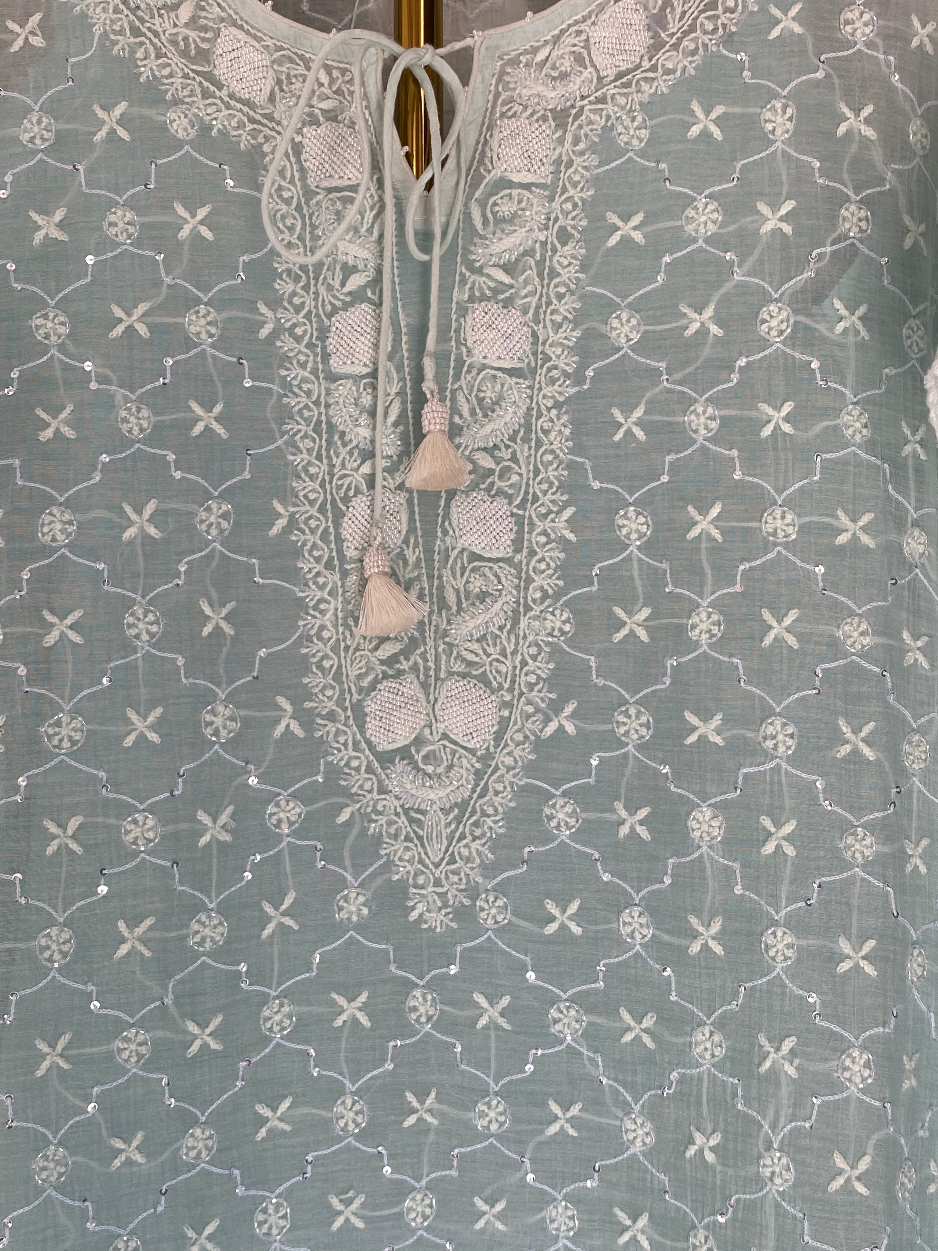 Sea Green Ombre Mul Chanderi Chikankari Kaftan