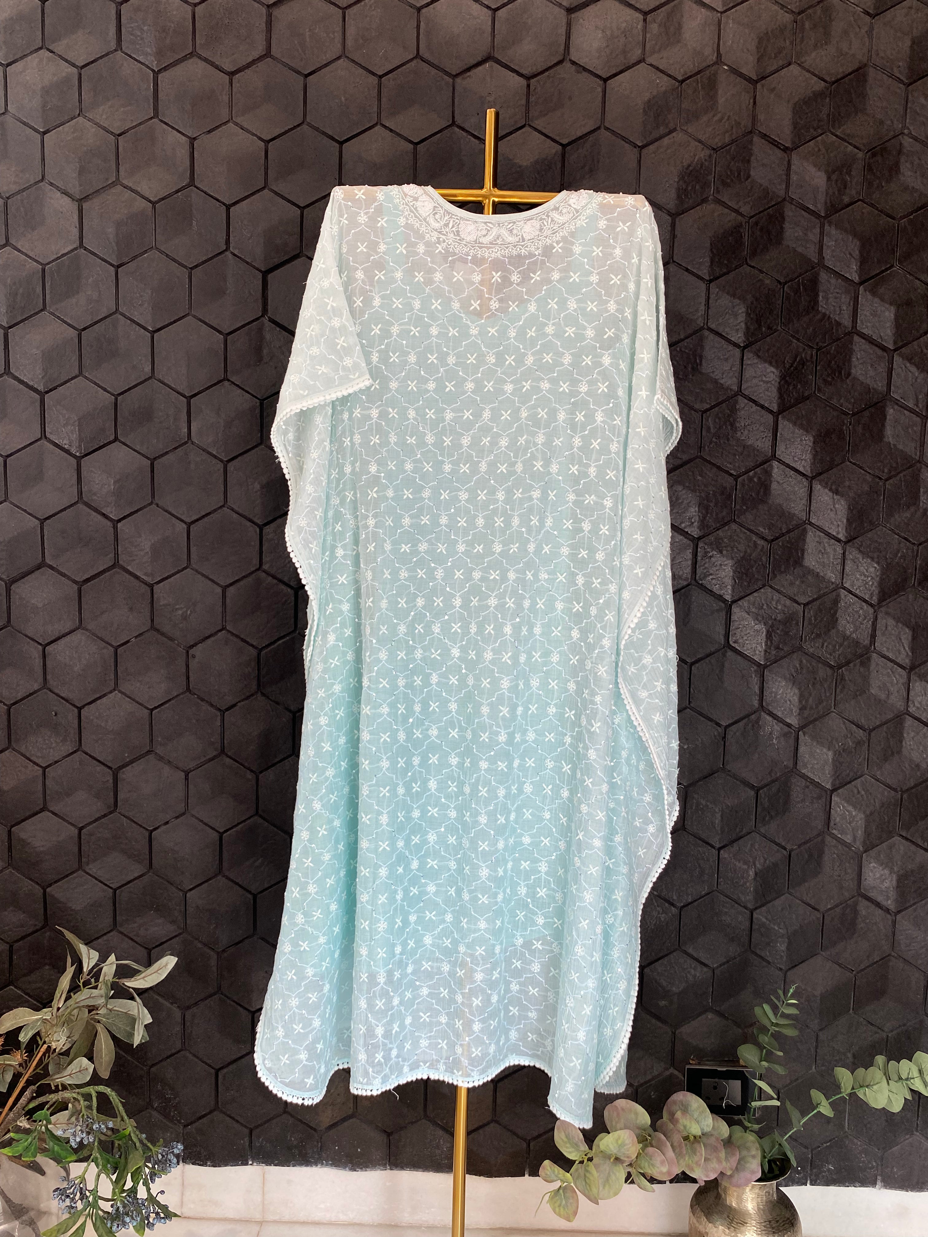 Sea Green Ombre Mul Chanderi Chikankari Kaftan
