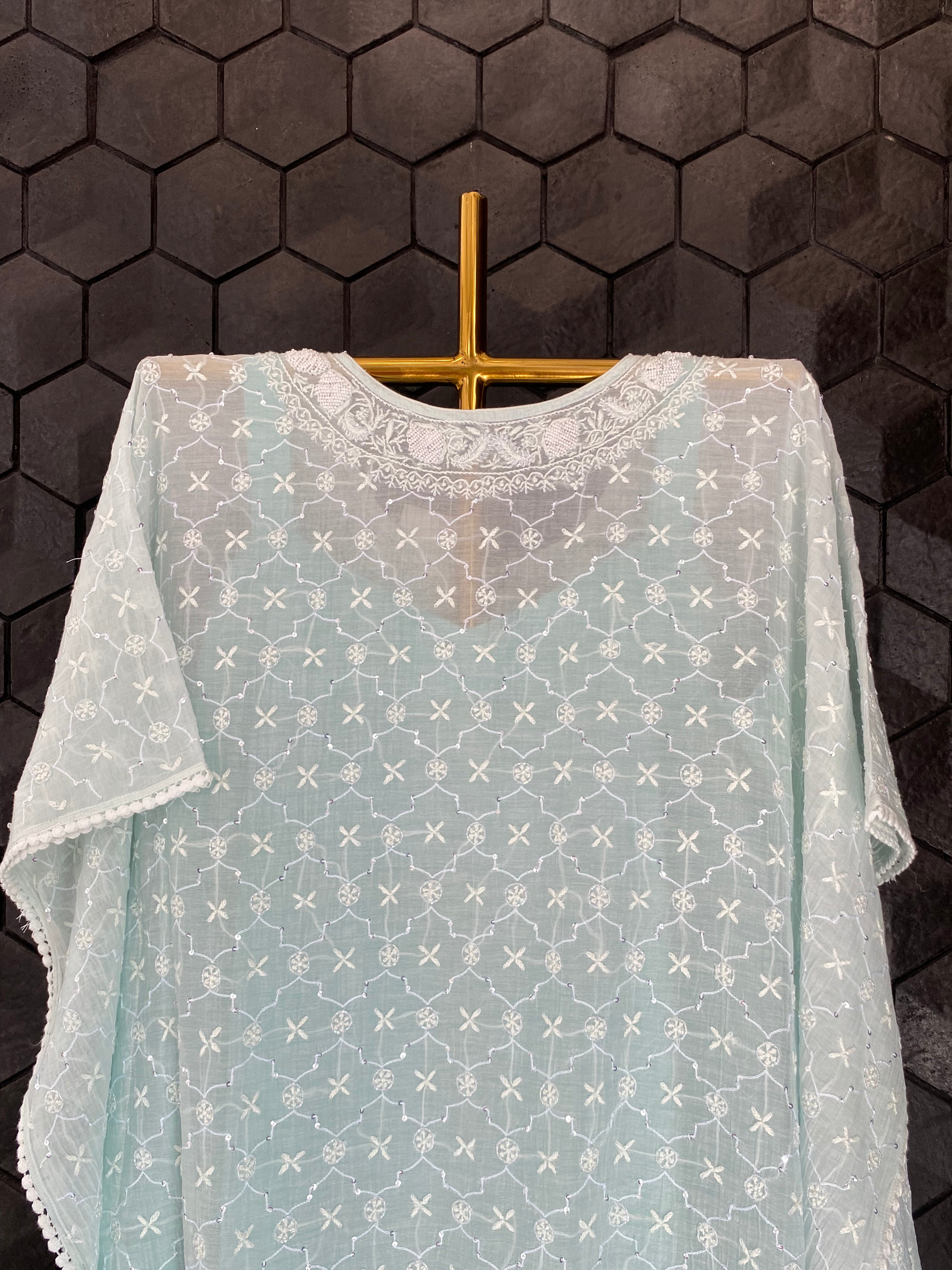 Sea Green Ombre Mul Chanderi Chikankari Kaftan