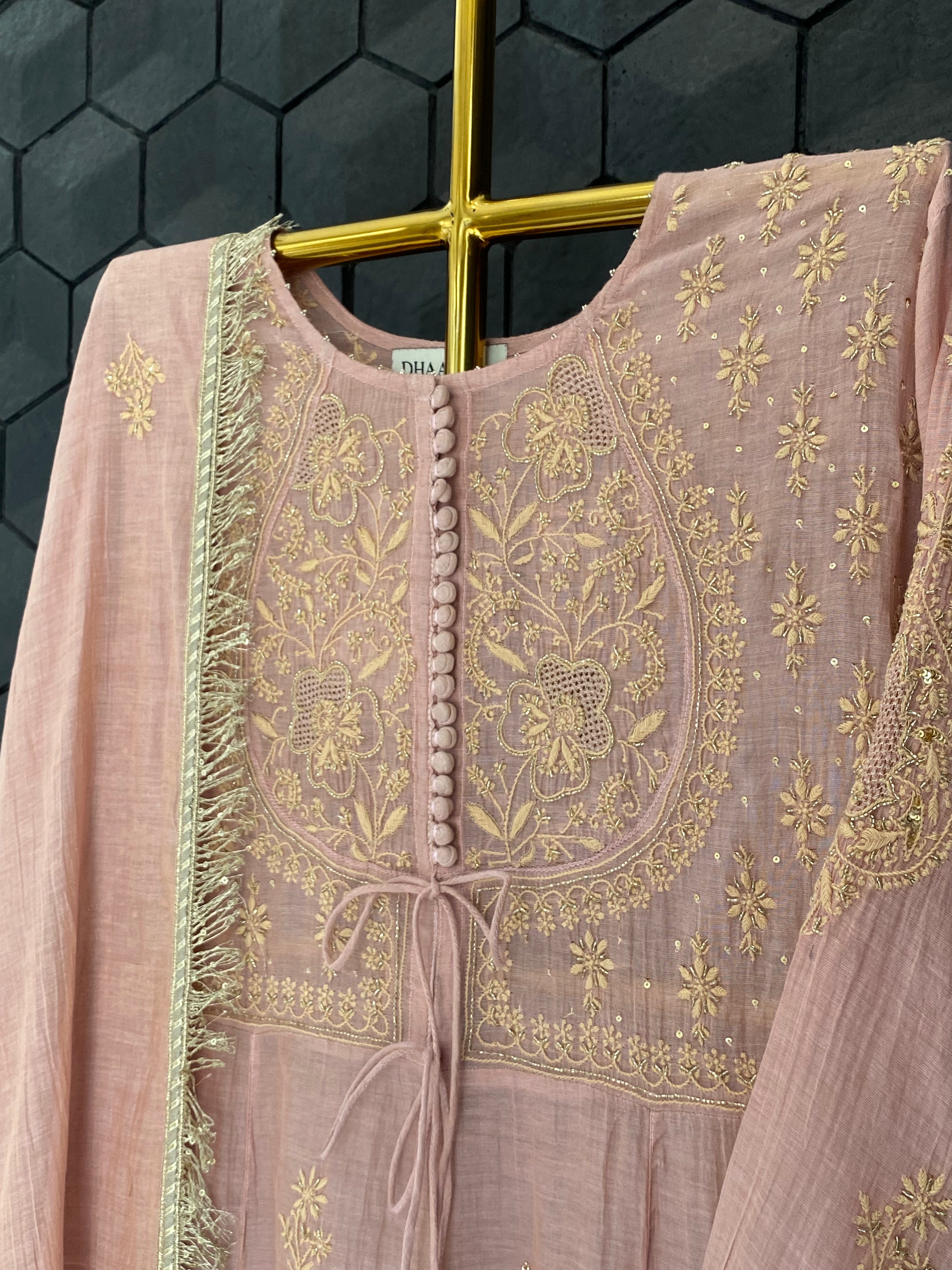 Pink Tissue Chikankari Kurta Set