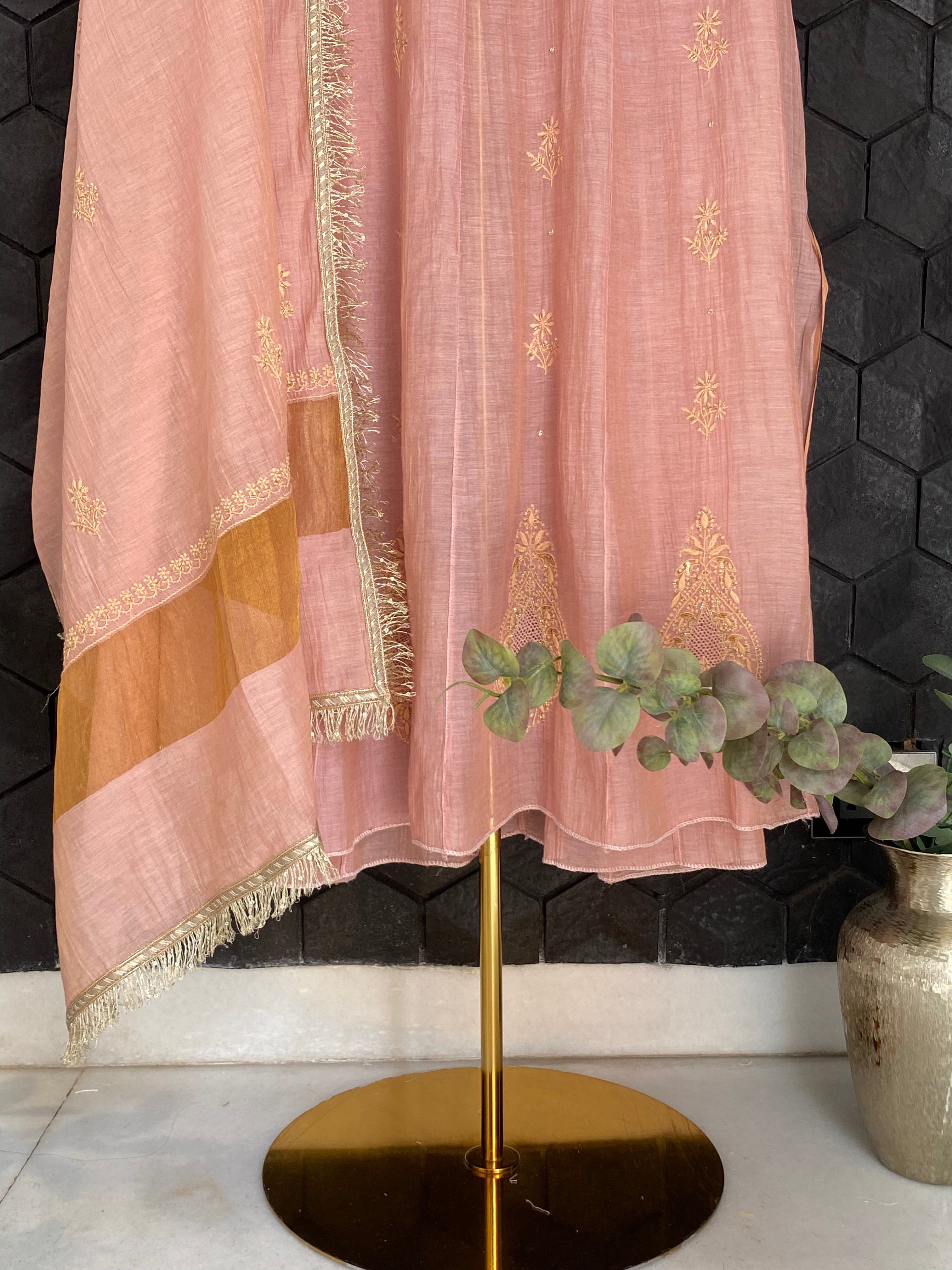 Pink Tissue Chikankari Kurta Set