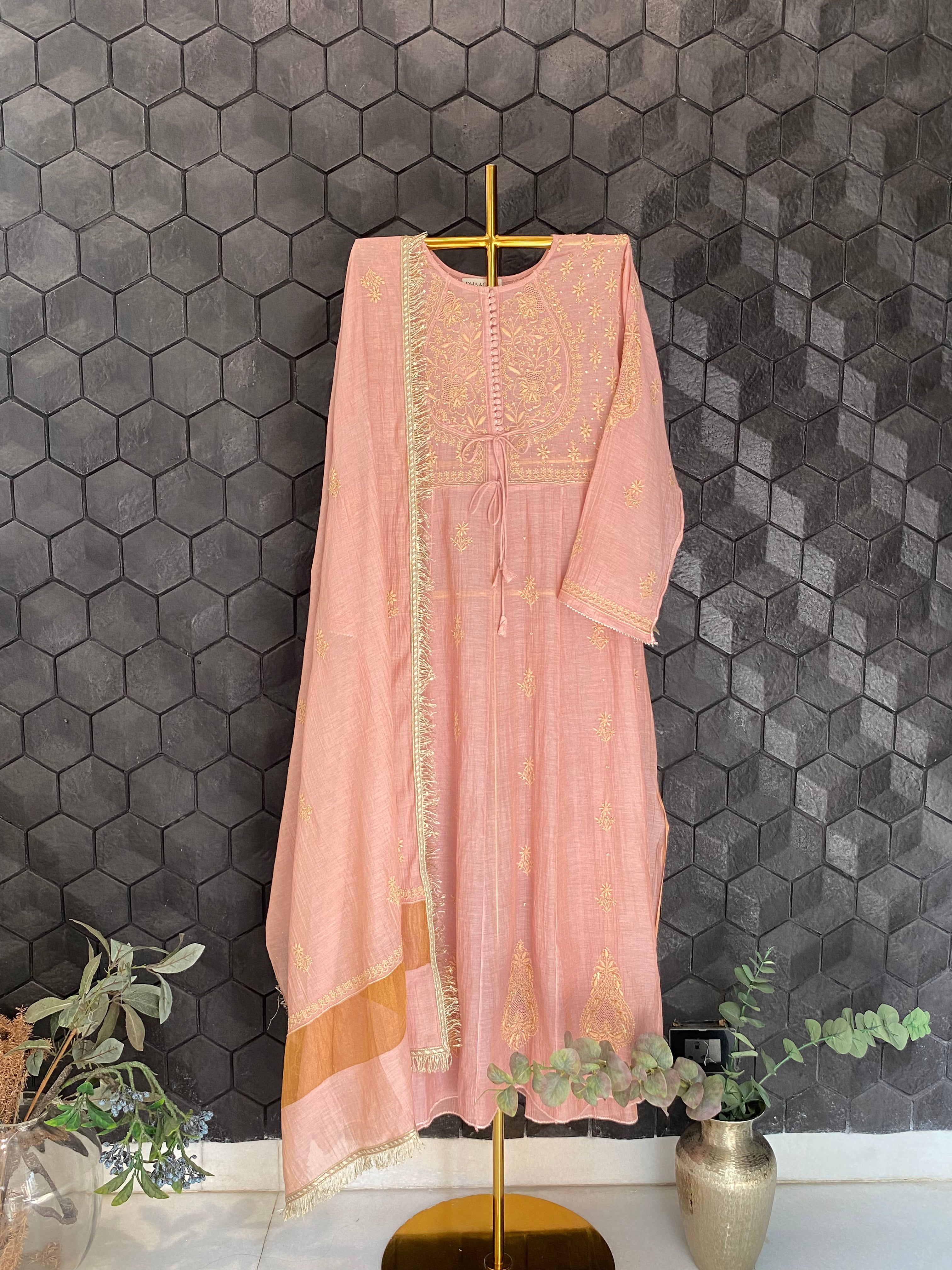 Pink Tissue Chikankari Kurta Set