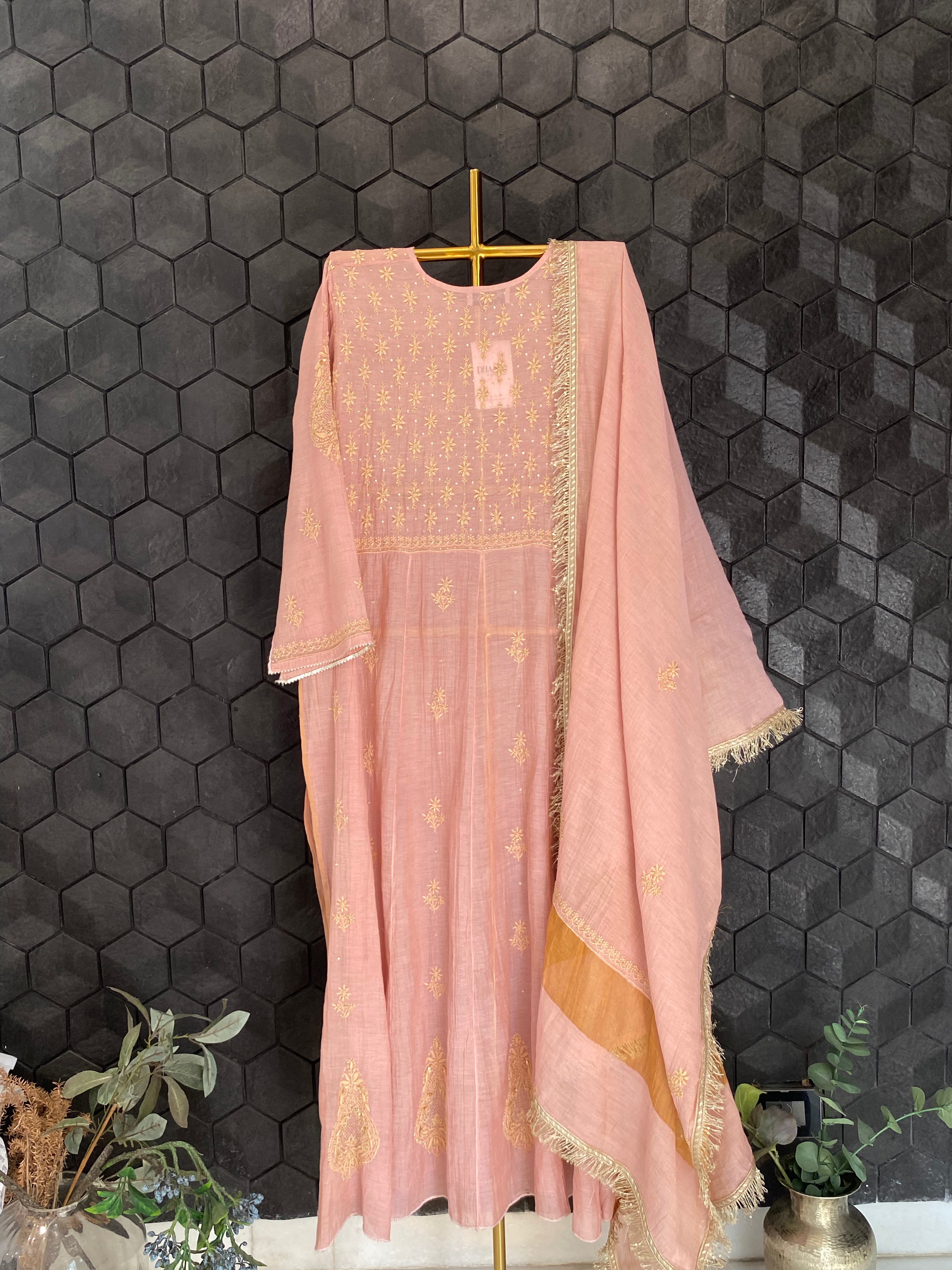 Pink Tissue Chikankari Kurta Set
