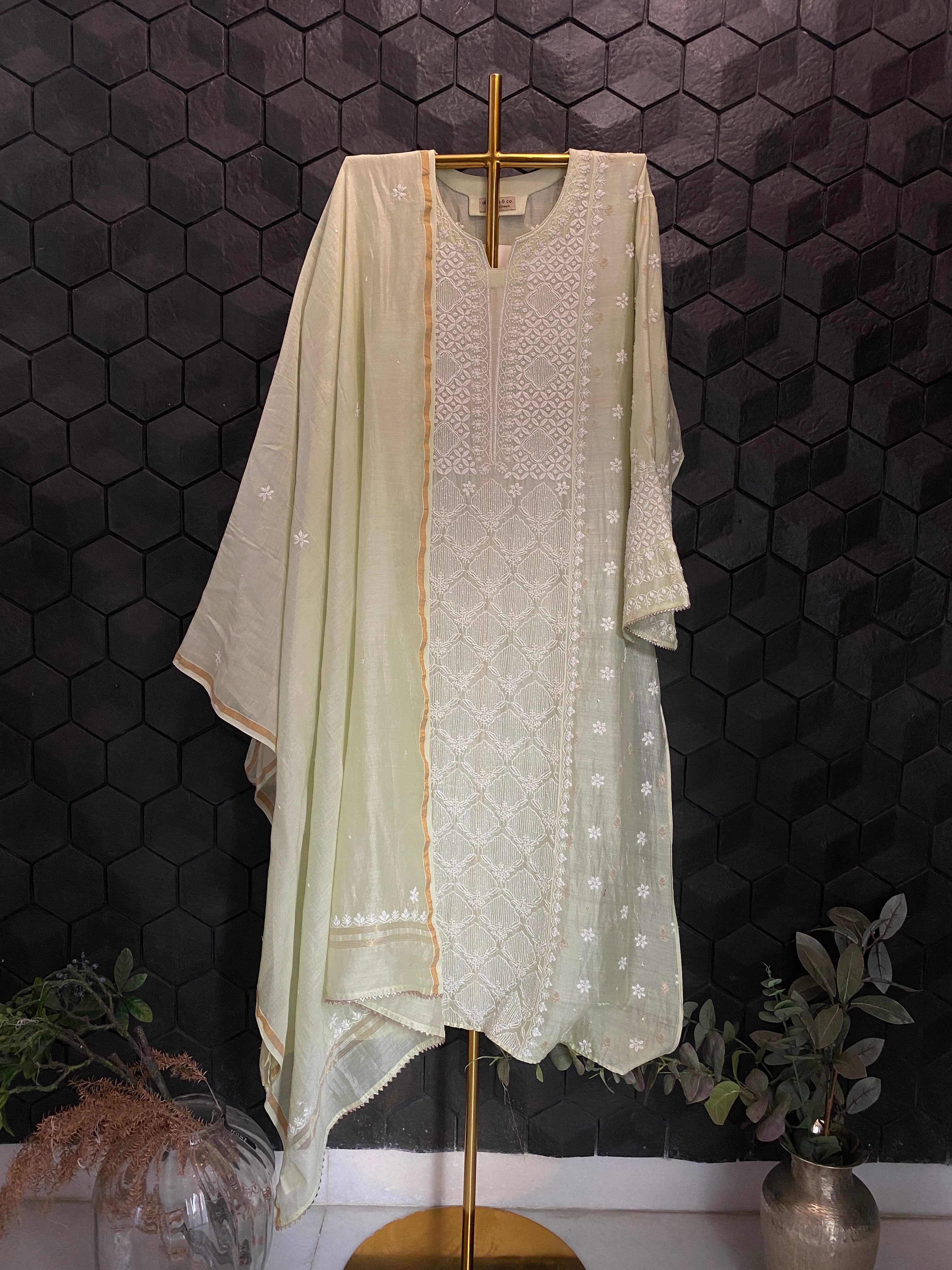 Green Mul Chanderi Chikankari Kurta Set