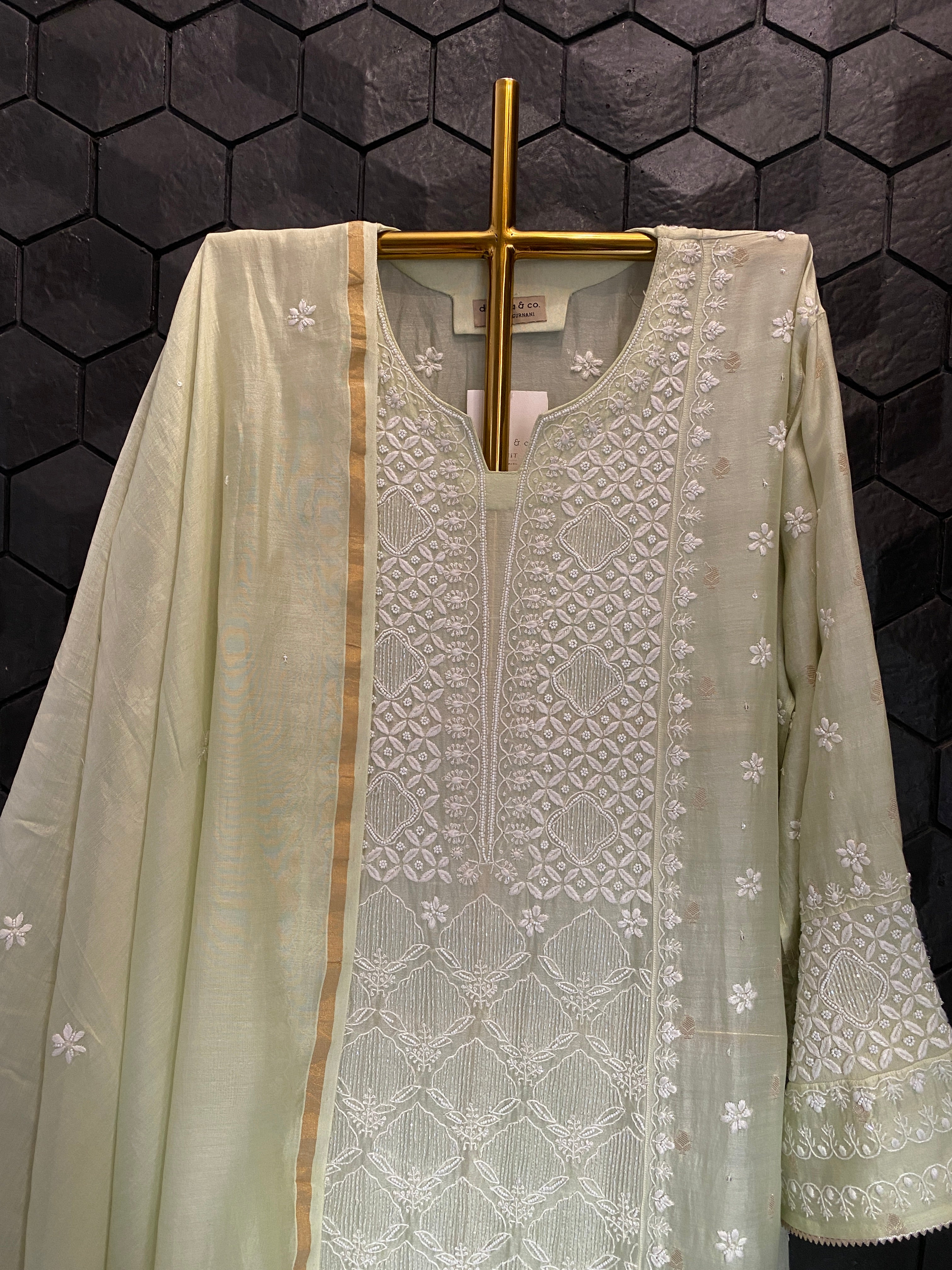 Green Mul Chanderi Chikankari Kurta Set