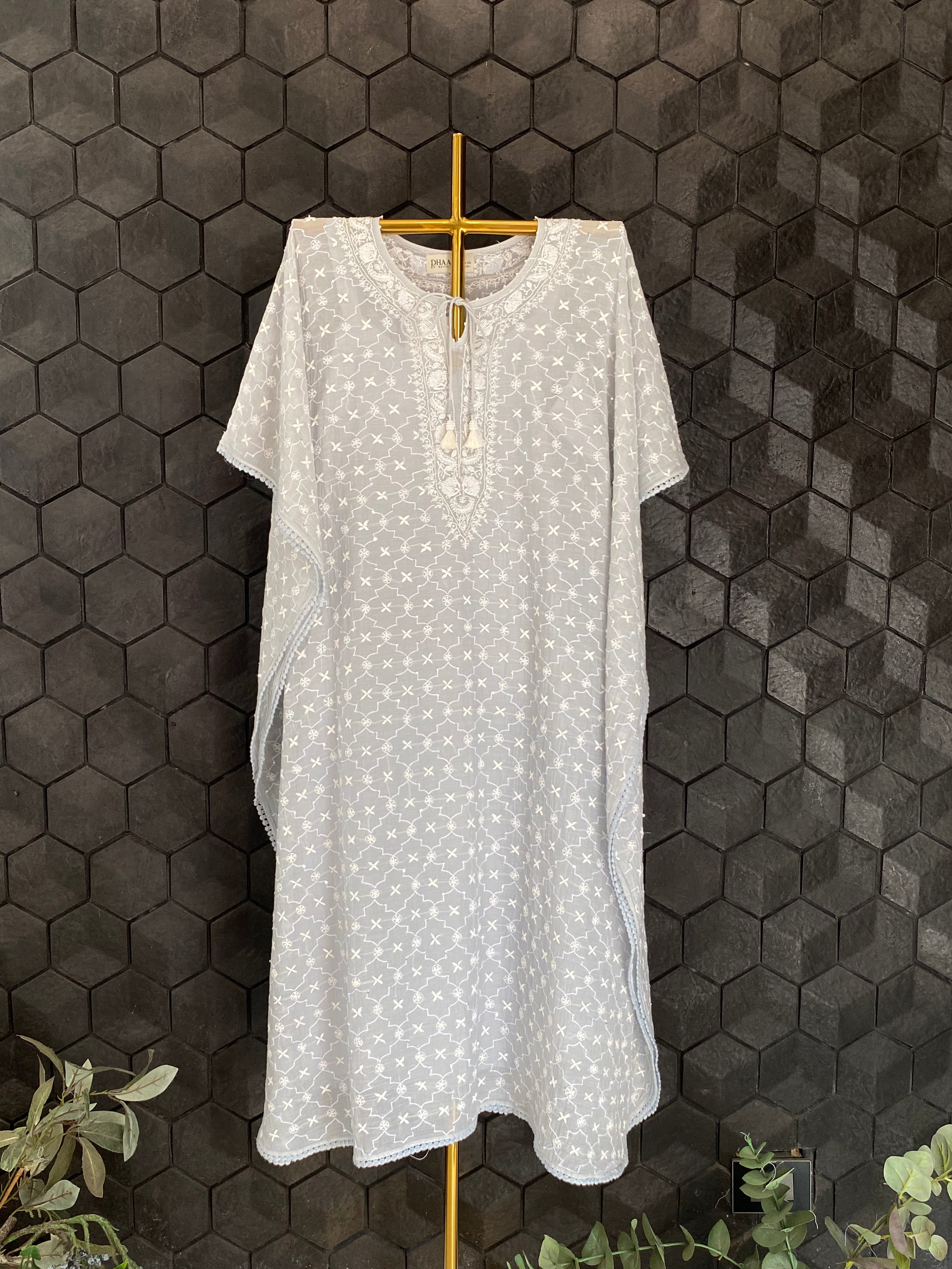 Grey Mul Chanderi Chikankari Kaftan