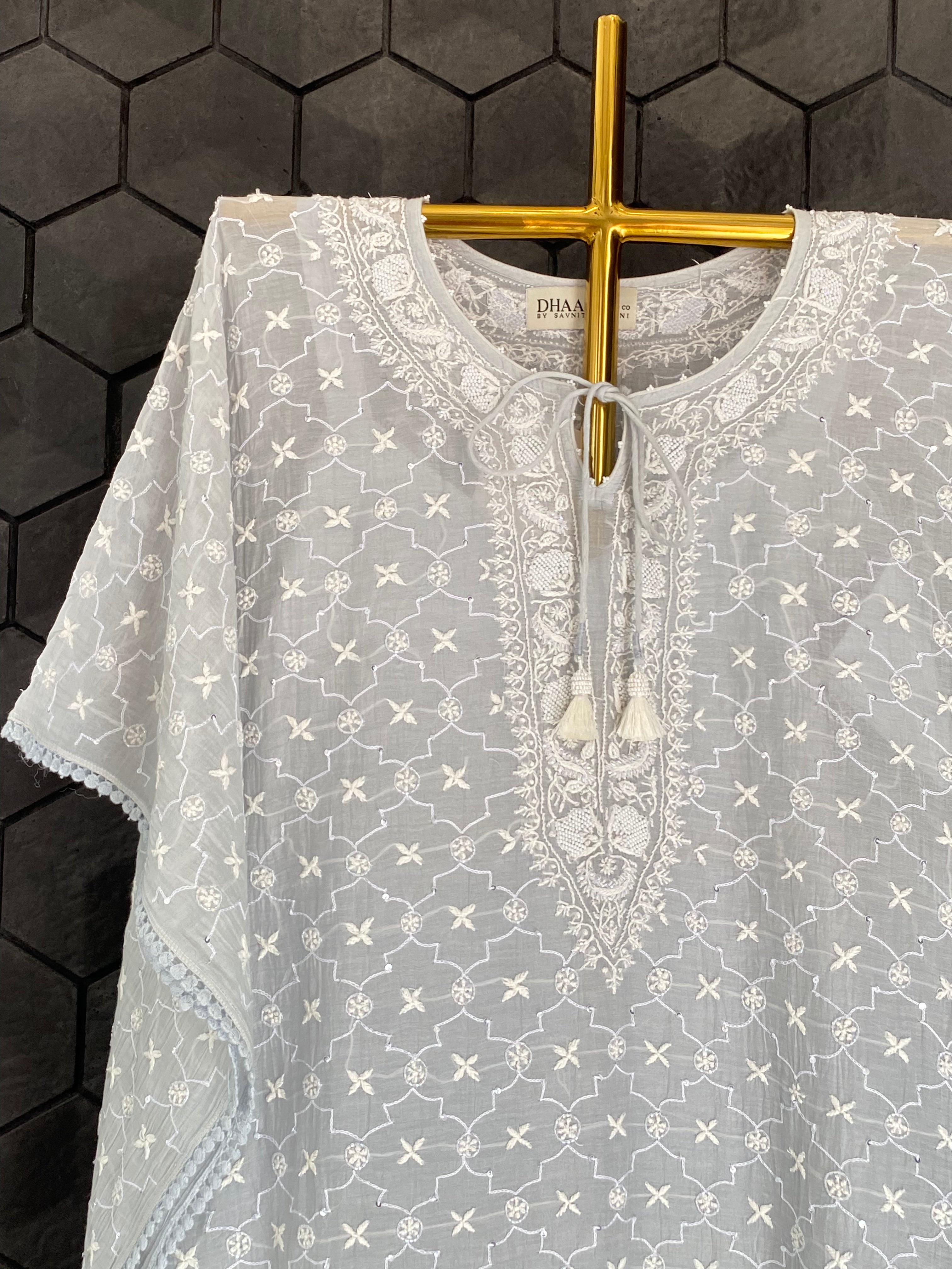 Grey Mul Chanderi Chikankari Kaftan