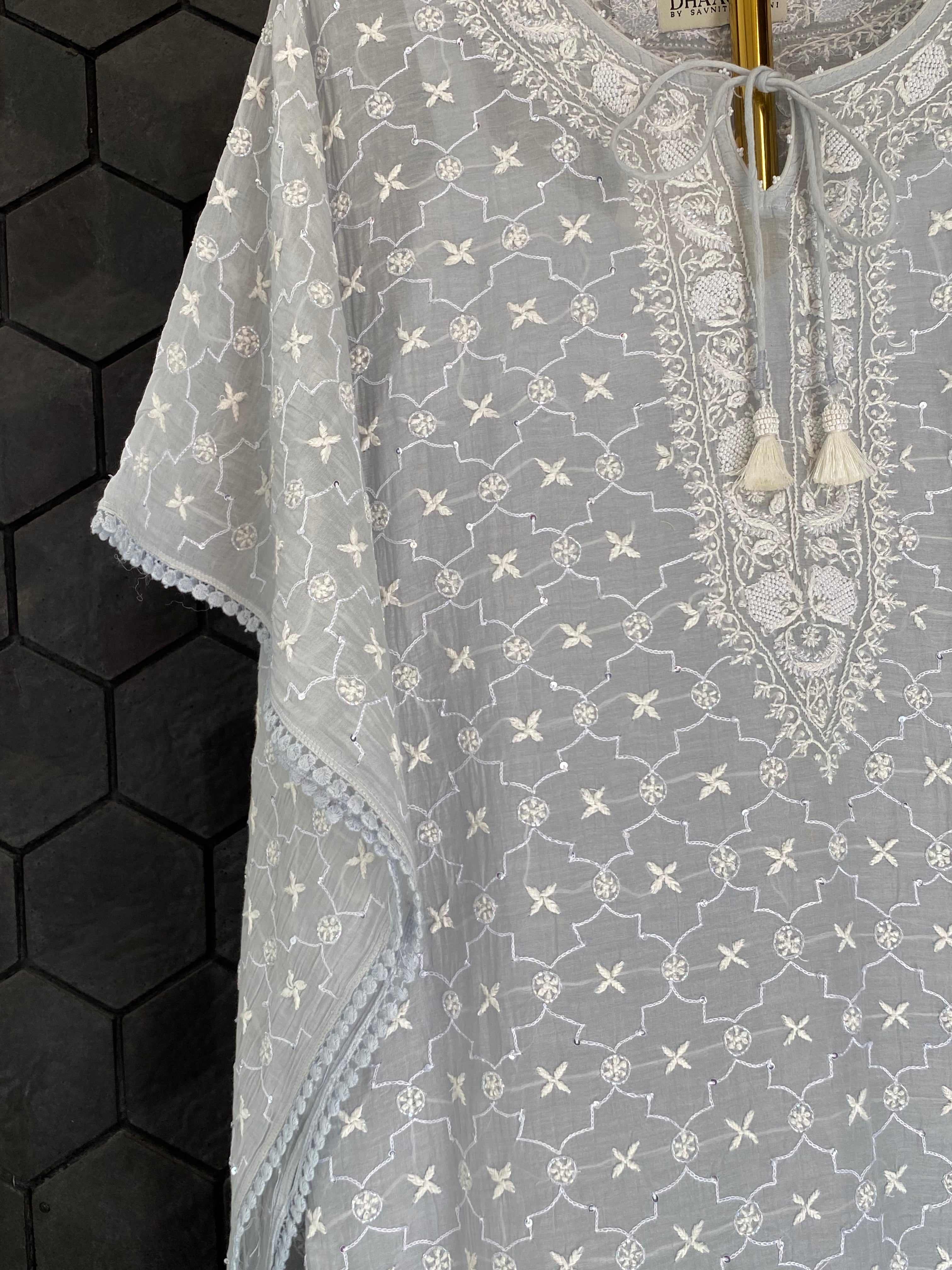 Grey Mul Chanderi Chikankari Kaftan