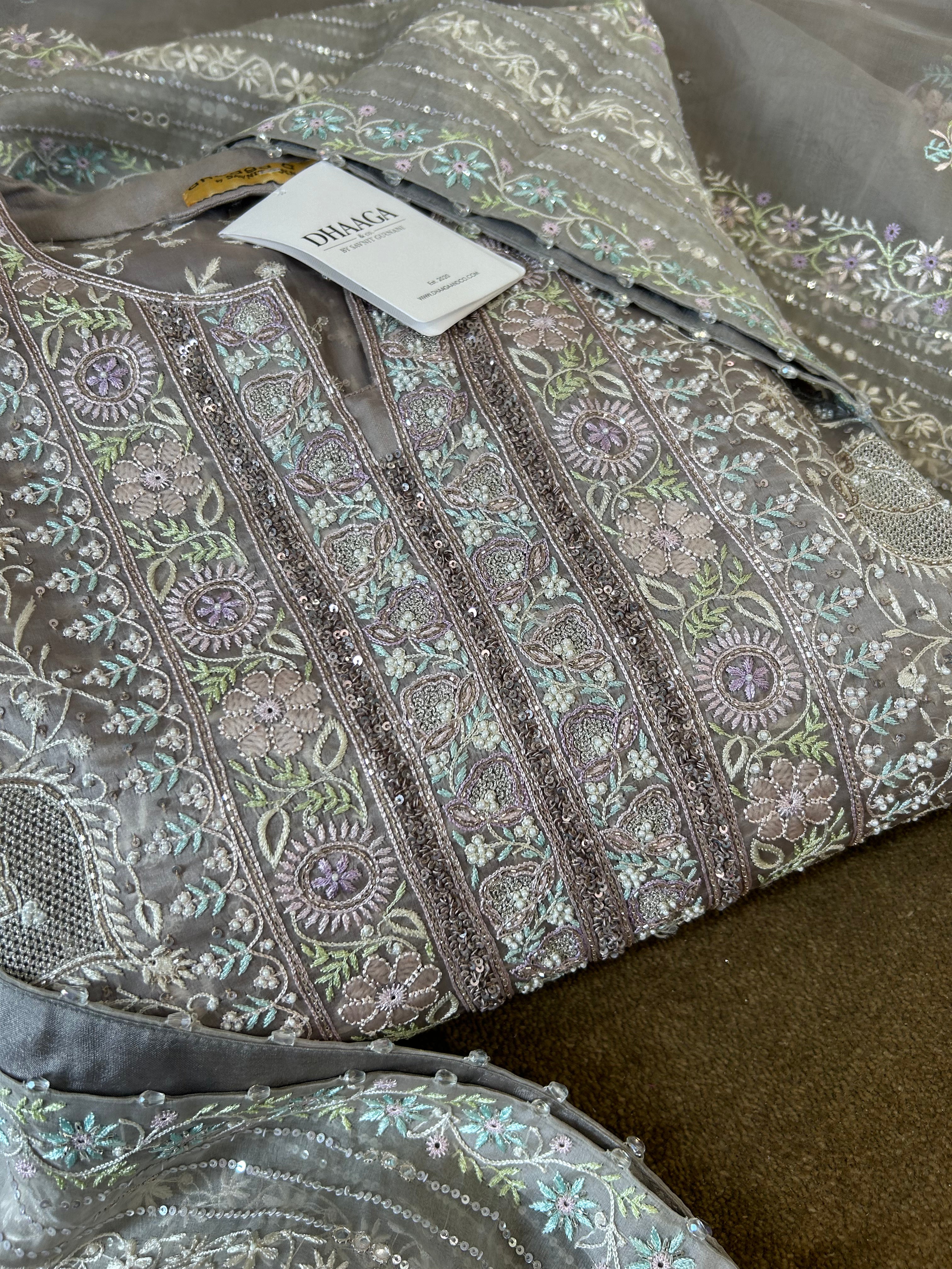 Premium Grey Organza Chikankari Kurta Set