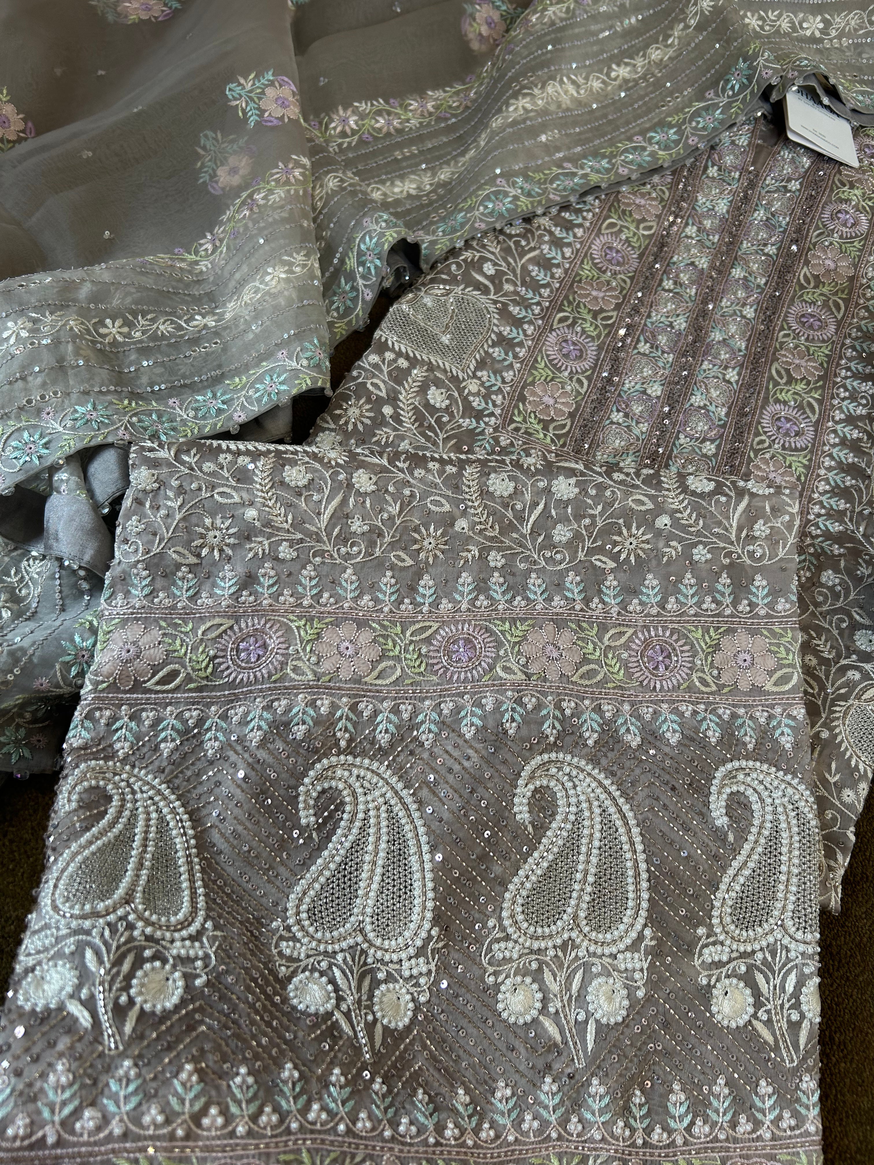 Premium Grey Organza Chikankari Kurta Set