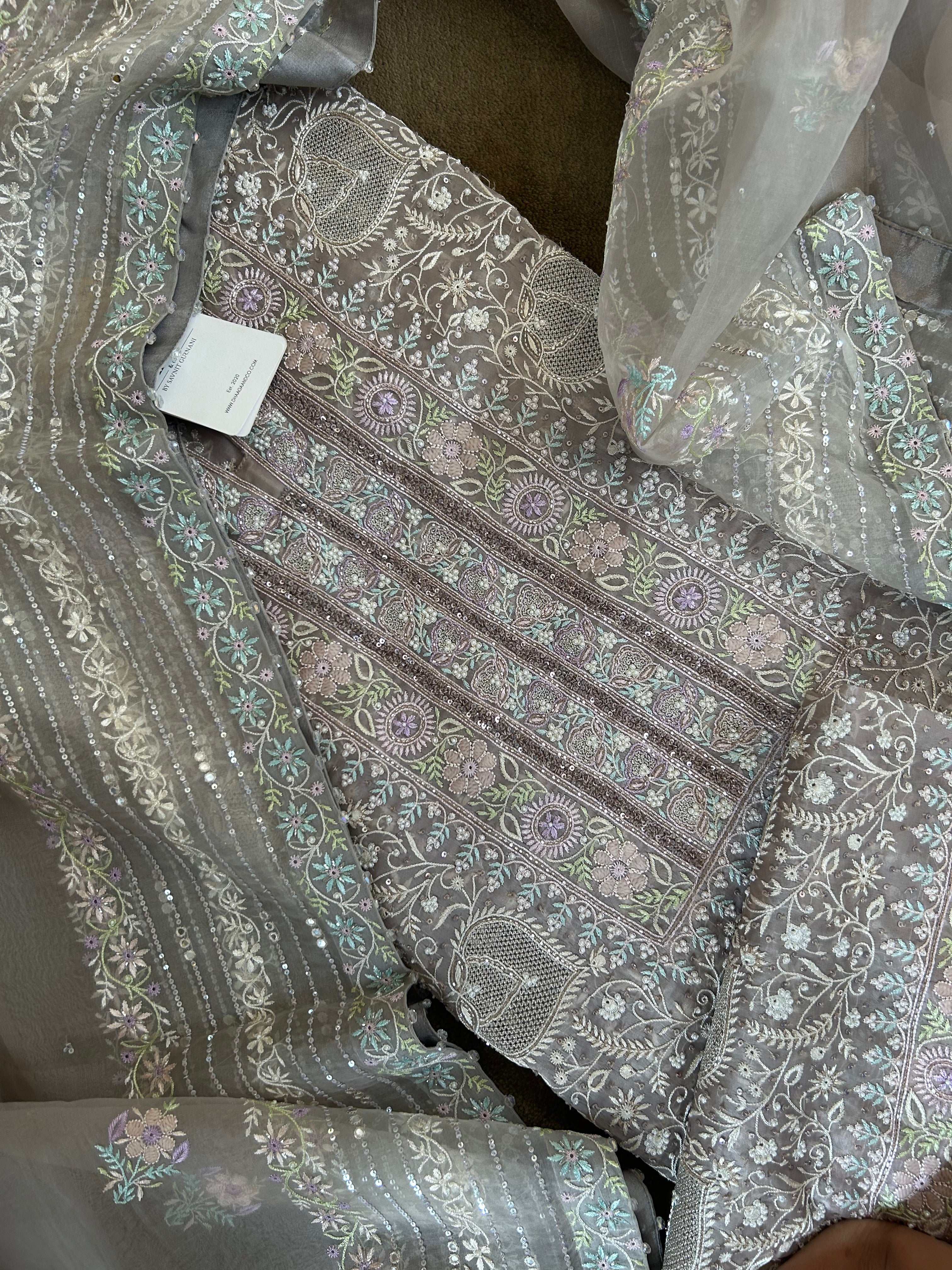 Premium Grey Organza Chikankari Kurta Set