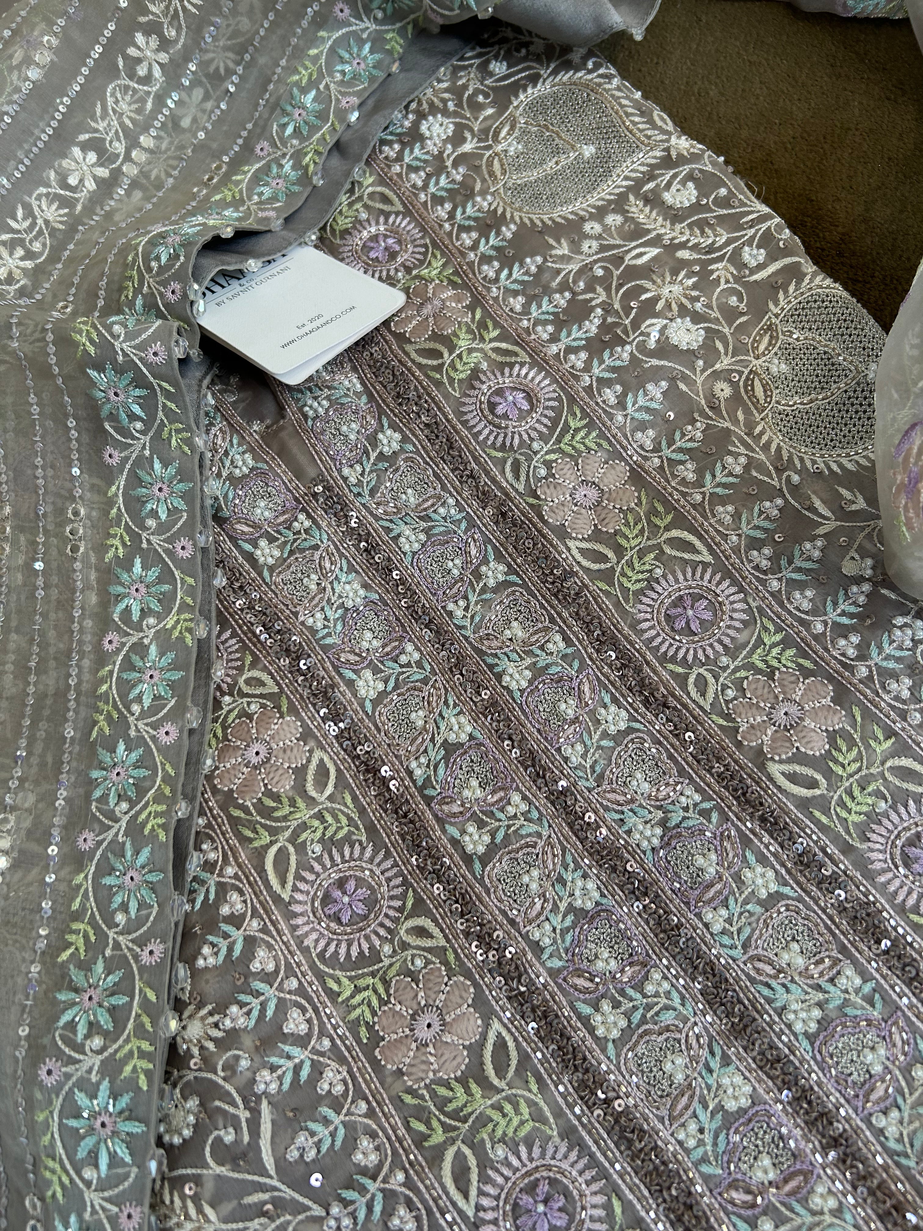 Premium Grey Organza Chikankari Kurta Set
