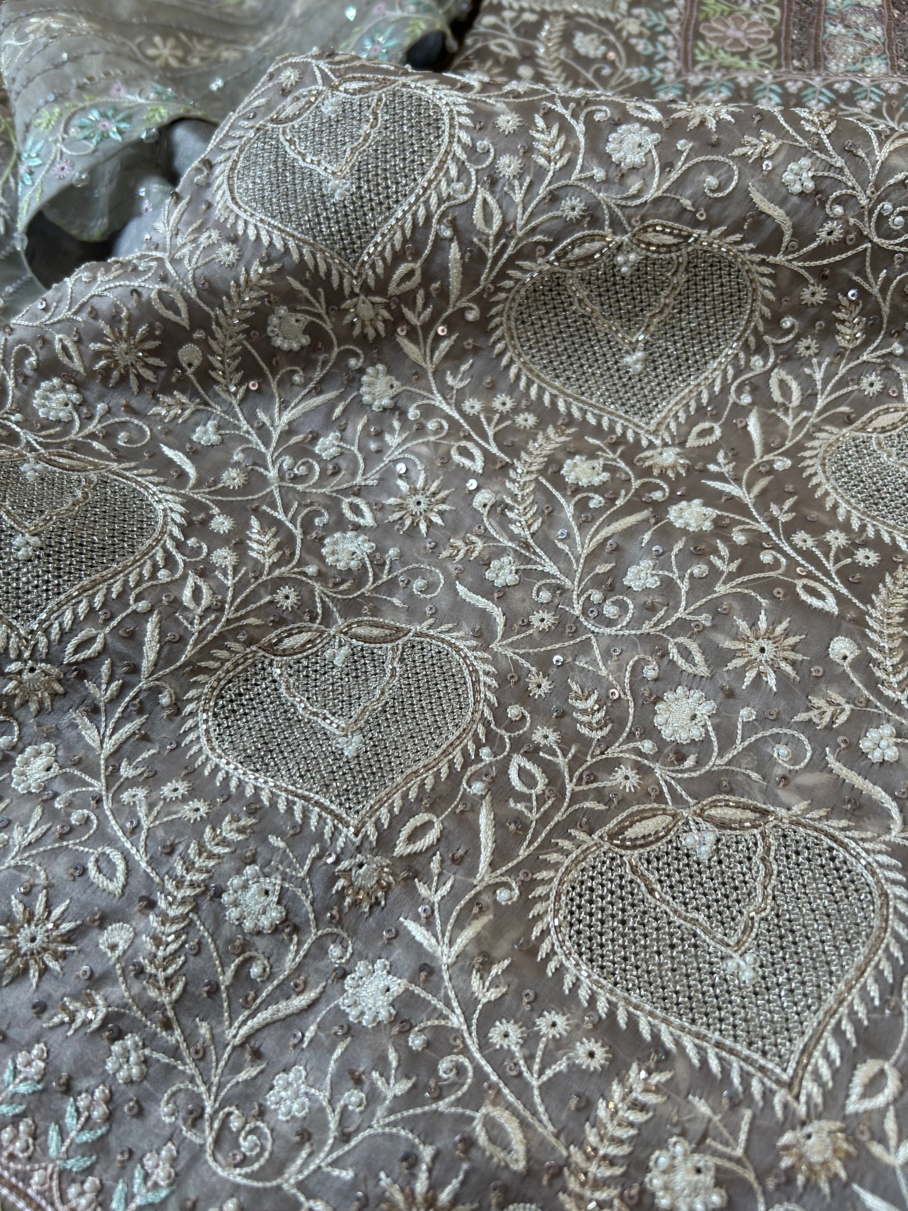 Premium Grey Organza Chikankari Kurta Set