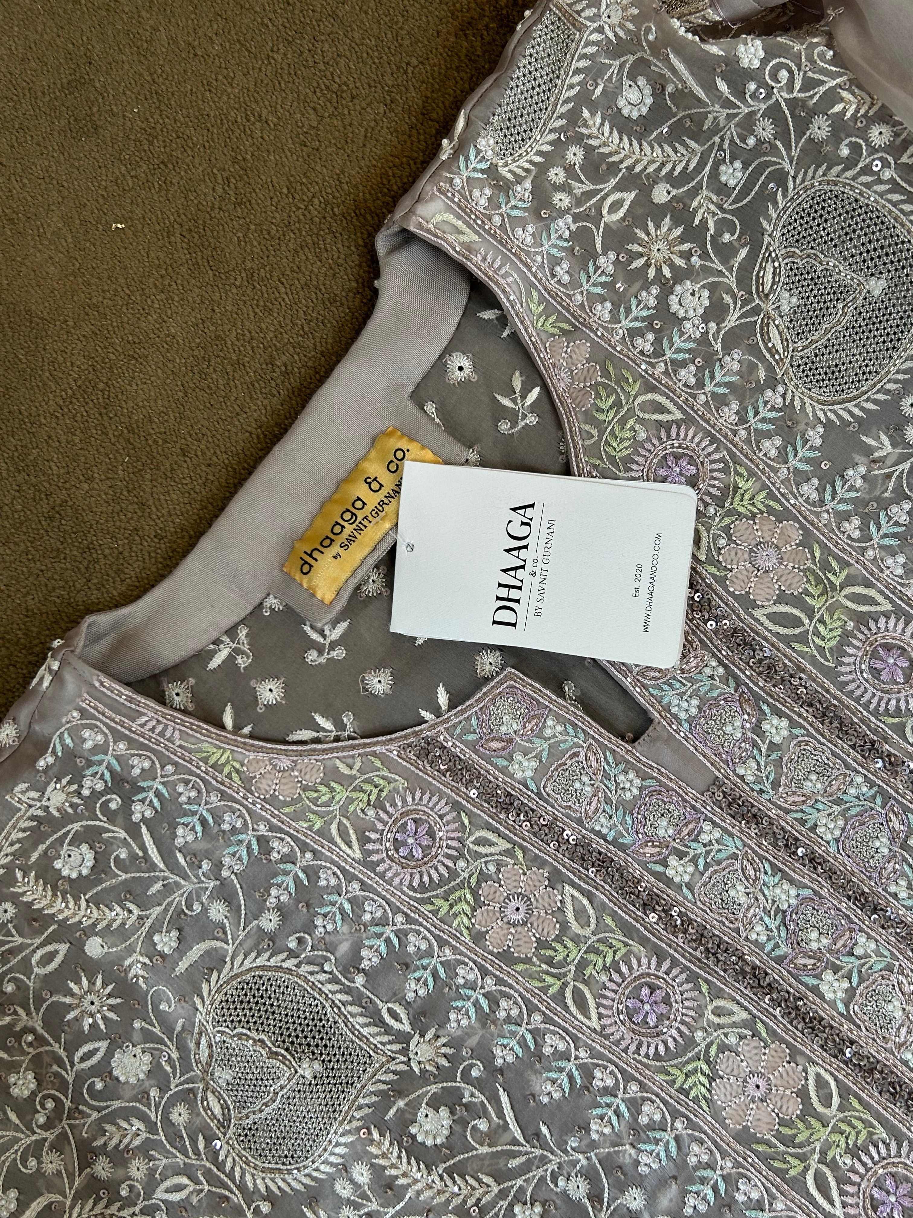 Premium Grey Organza Chikankari Kurta Set