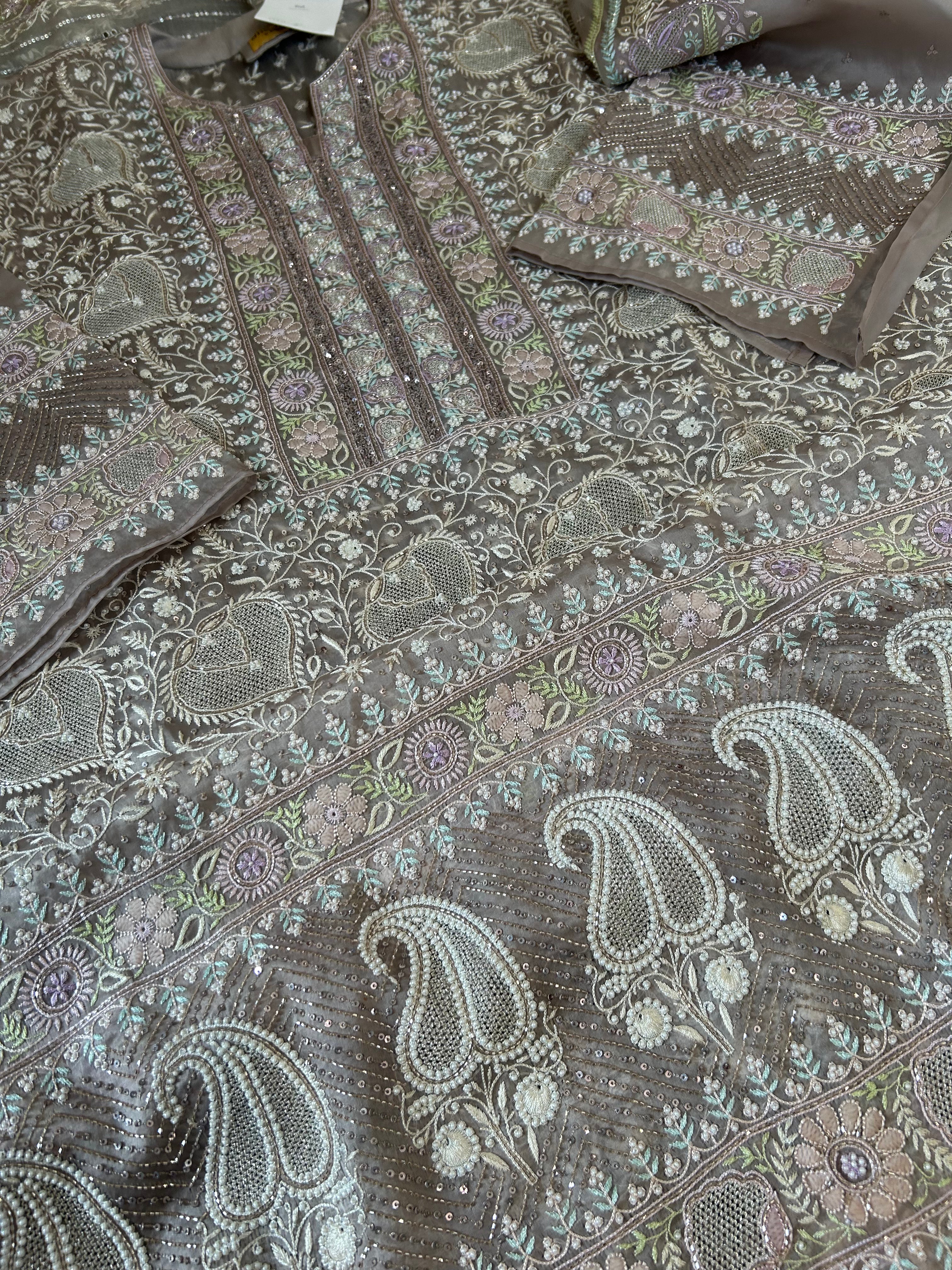 Premium Grey Organza Chikankari Kurta Set