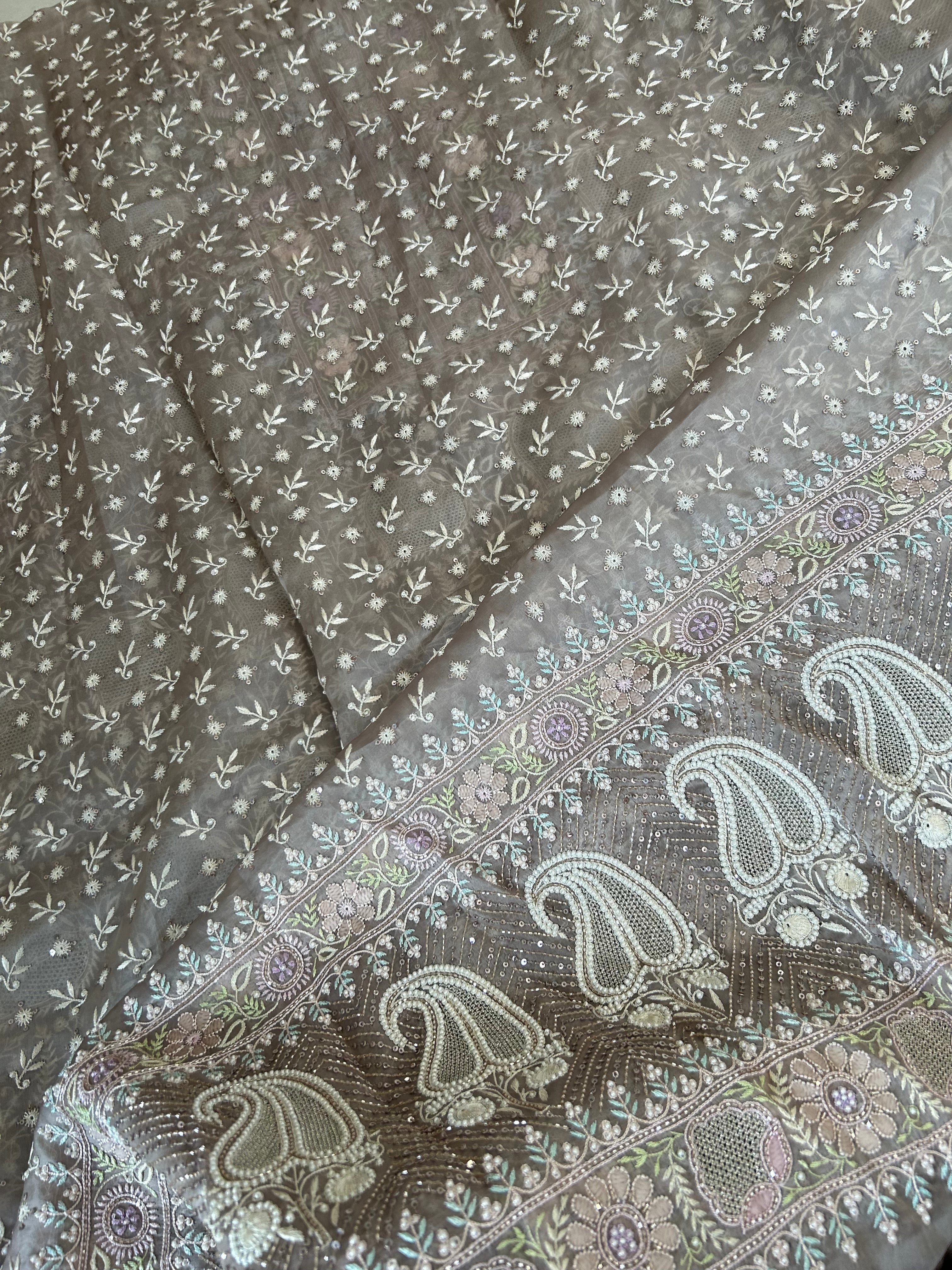 Premium Grey Organza Chikankari Kurta Set