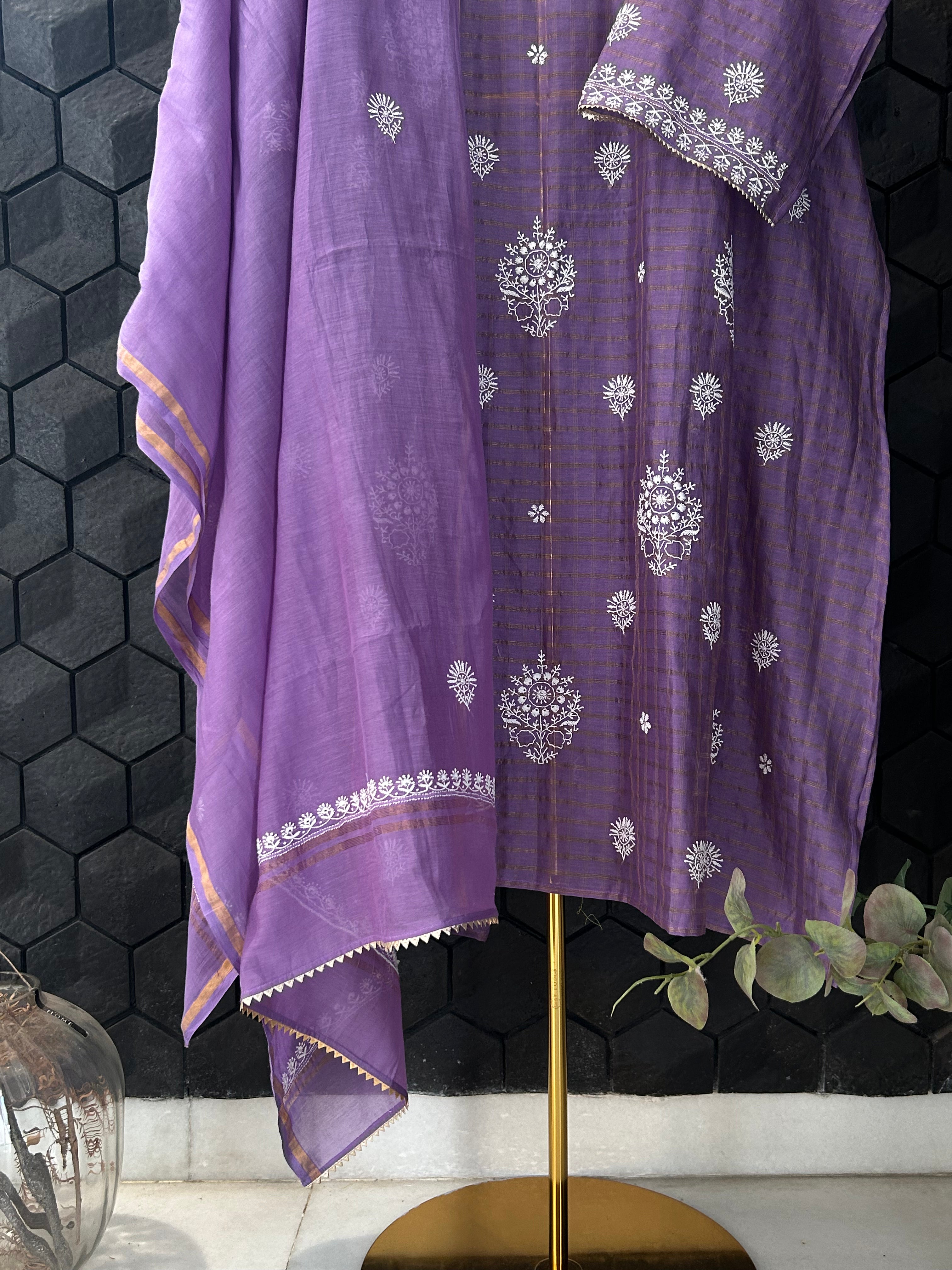 Purple Striped Tissue Chikankari Kurta Set