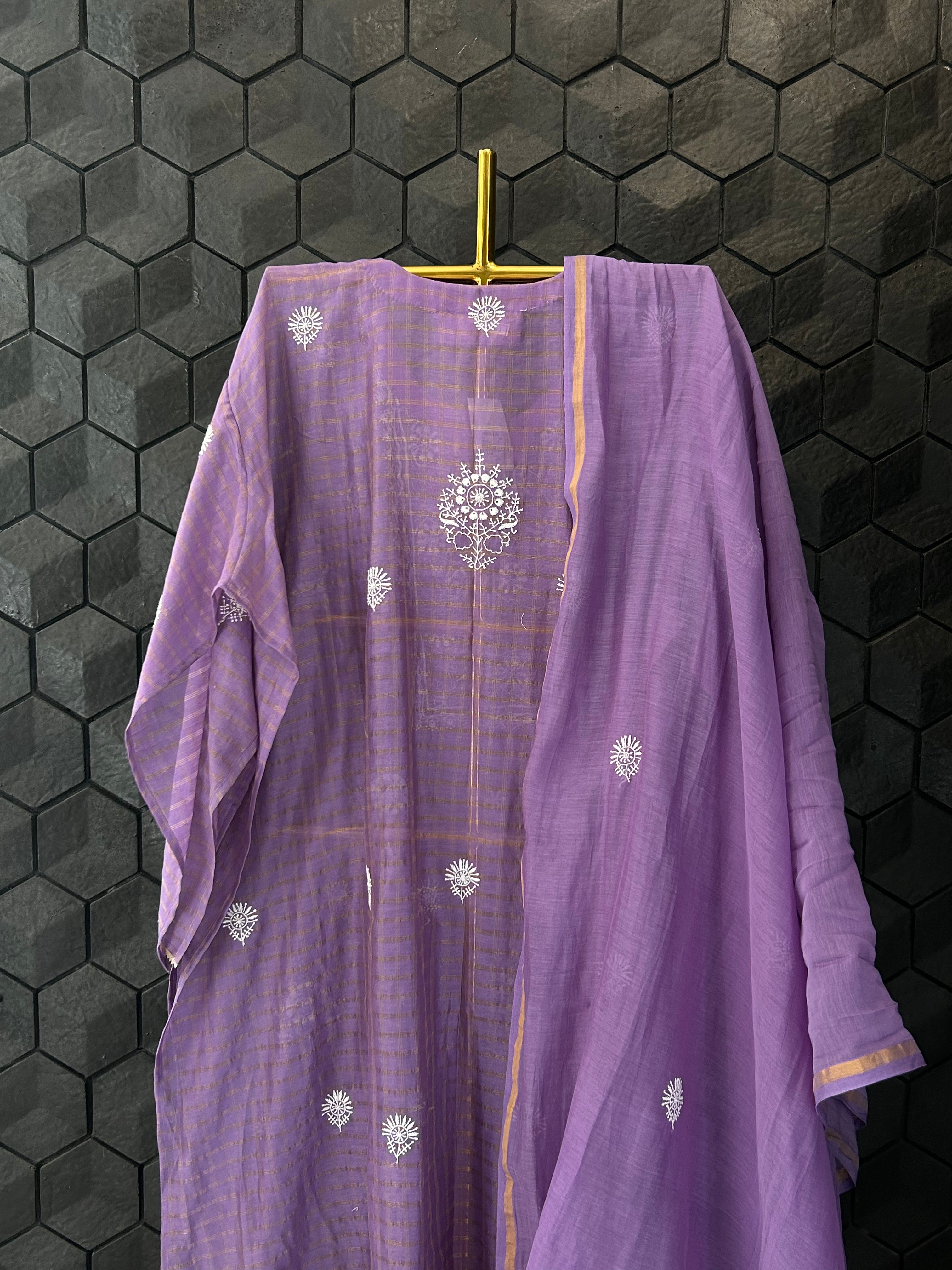 Purple Striped Tissue Chikankari Kurta Set
