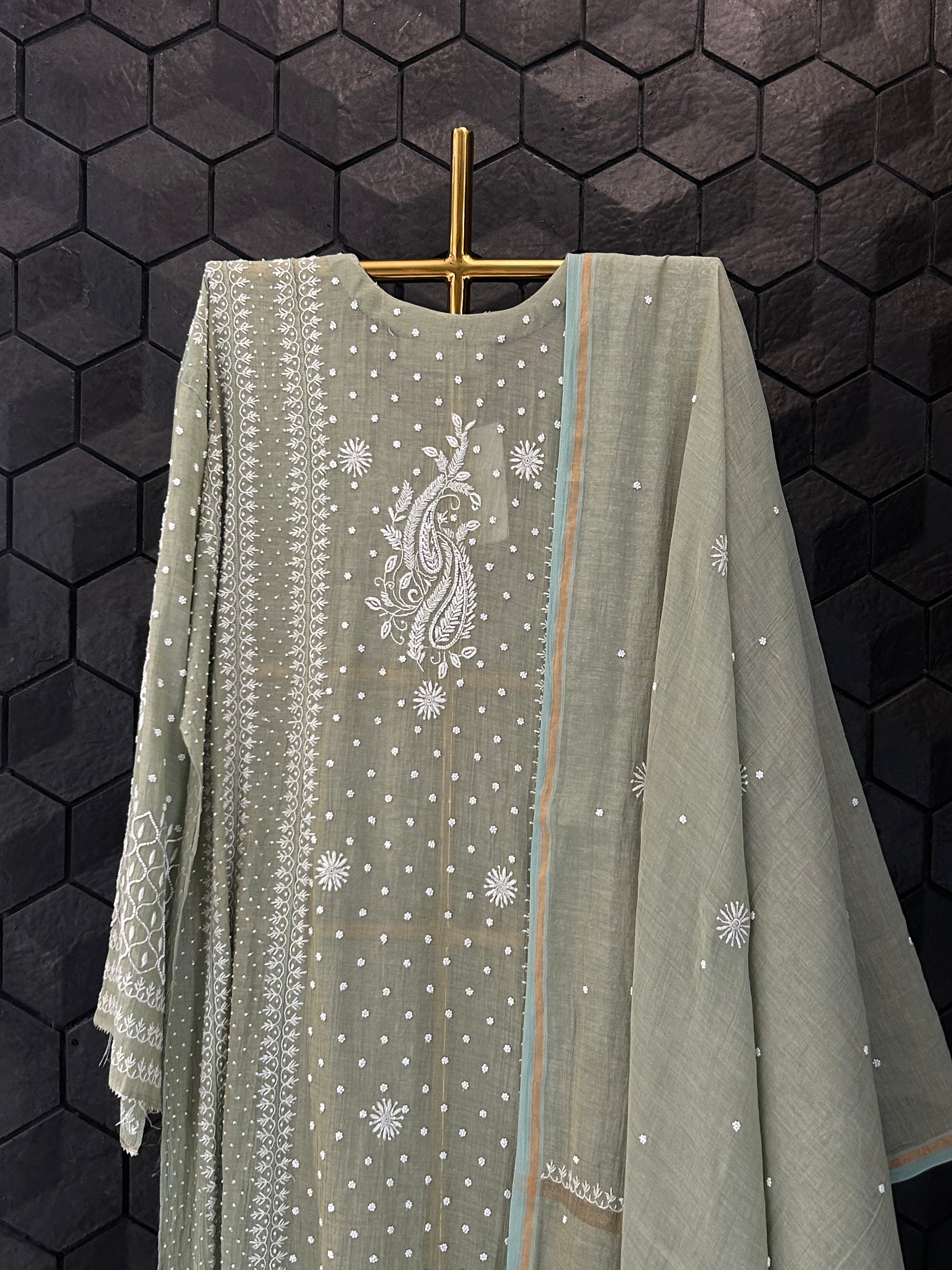 Sage Green Silver Tissue Chikankari Anarkali Set