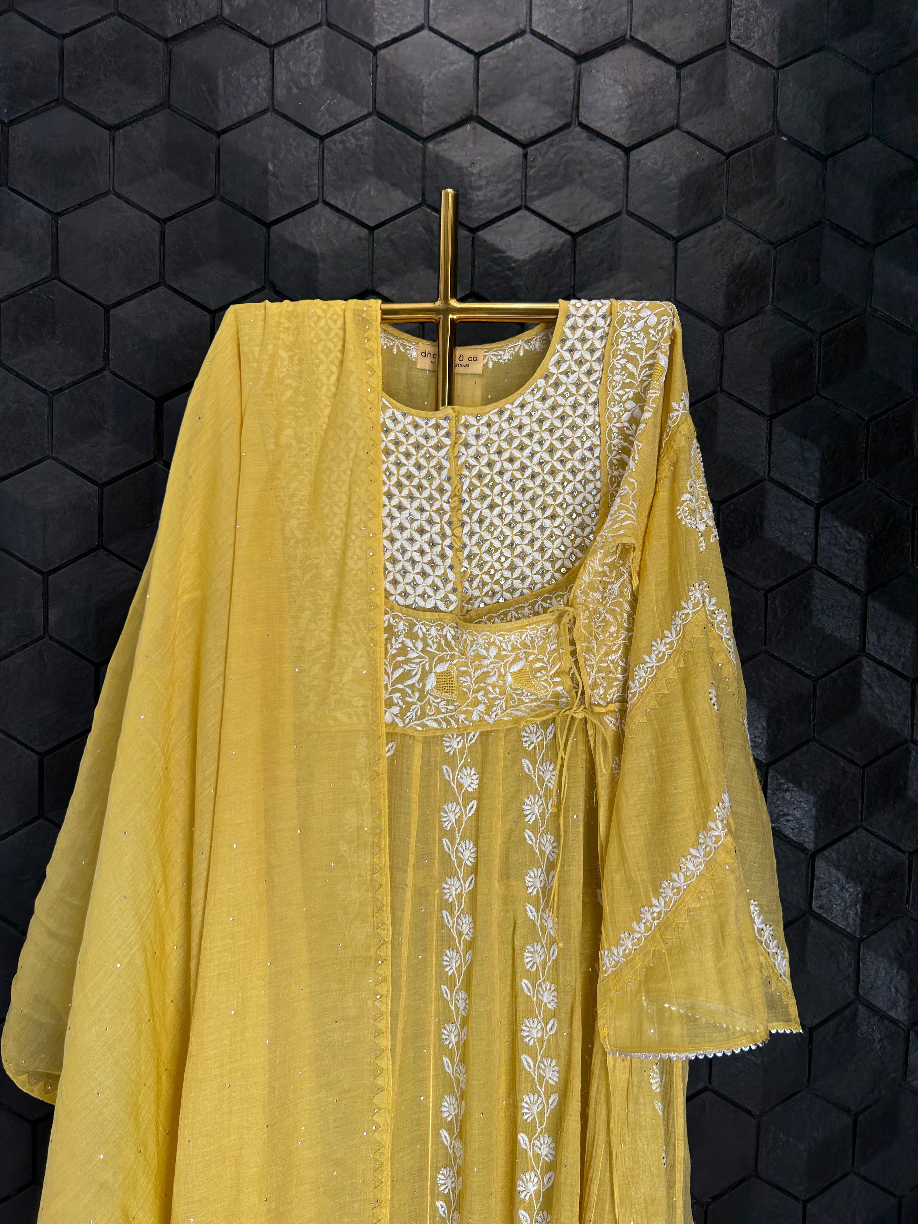 Yellow Tissue Chikankari A-line Kurta Set