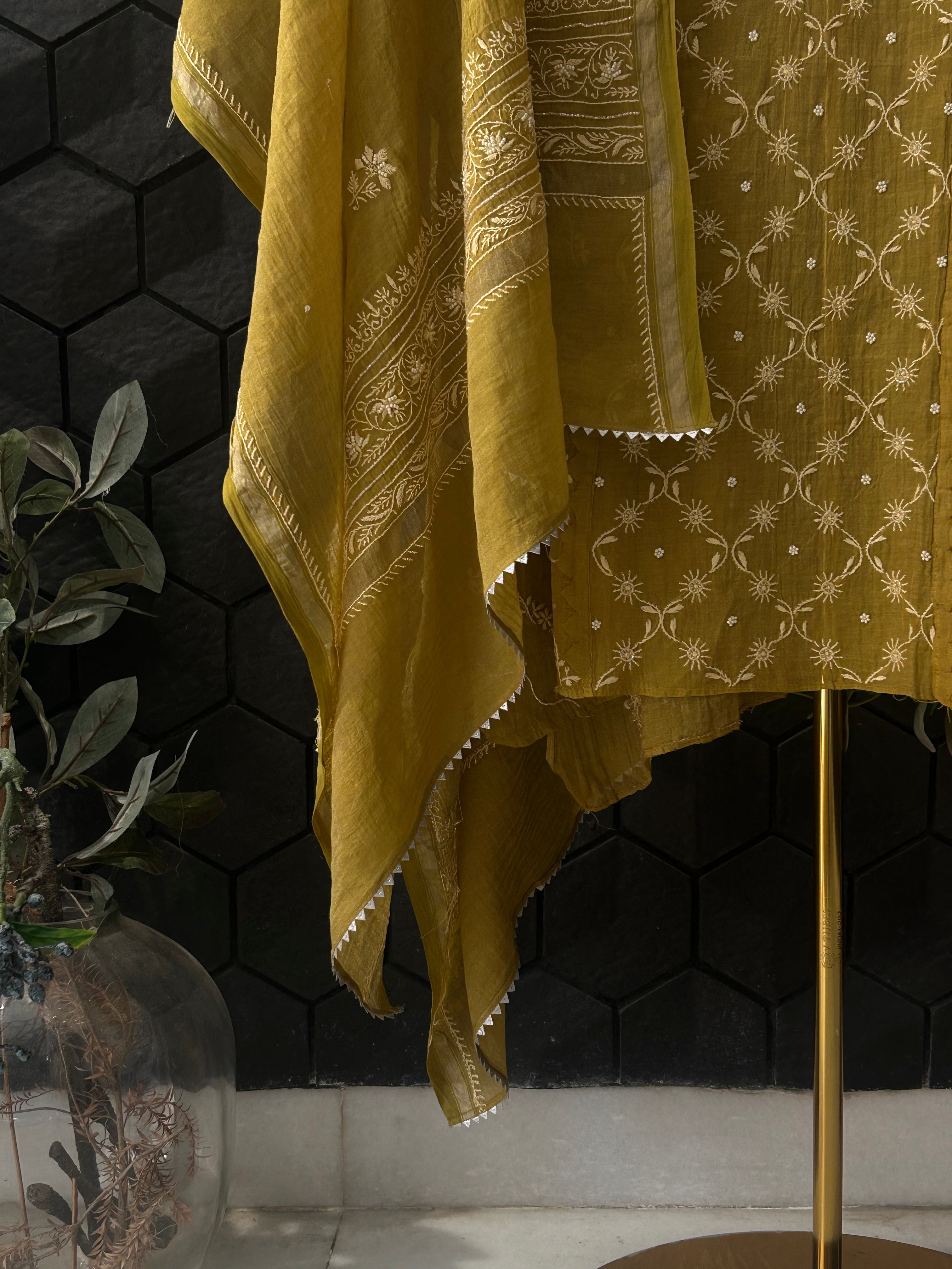 Olive Green Silver Tissue Chikankari Kurta Set