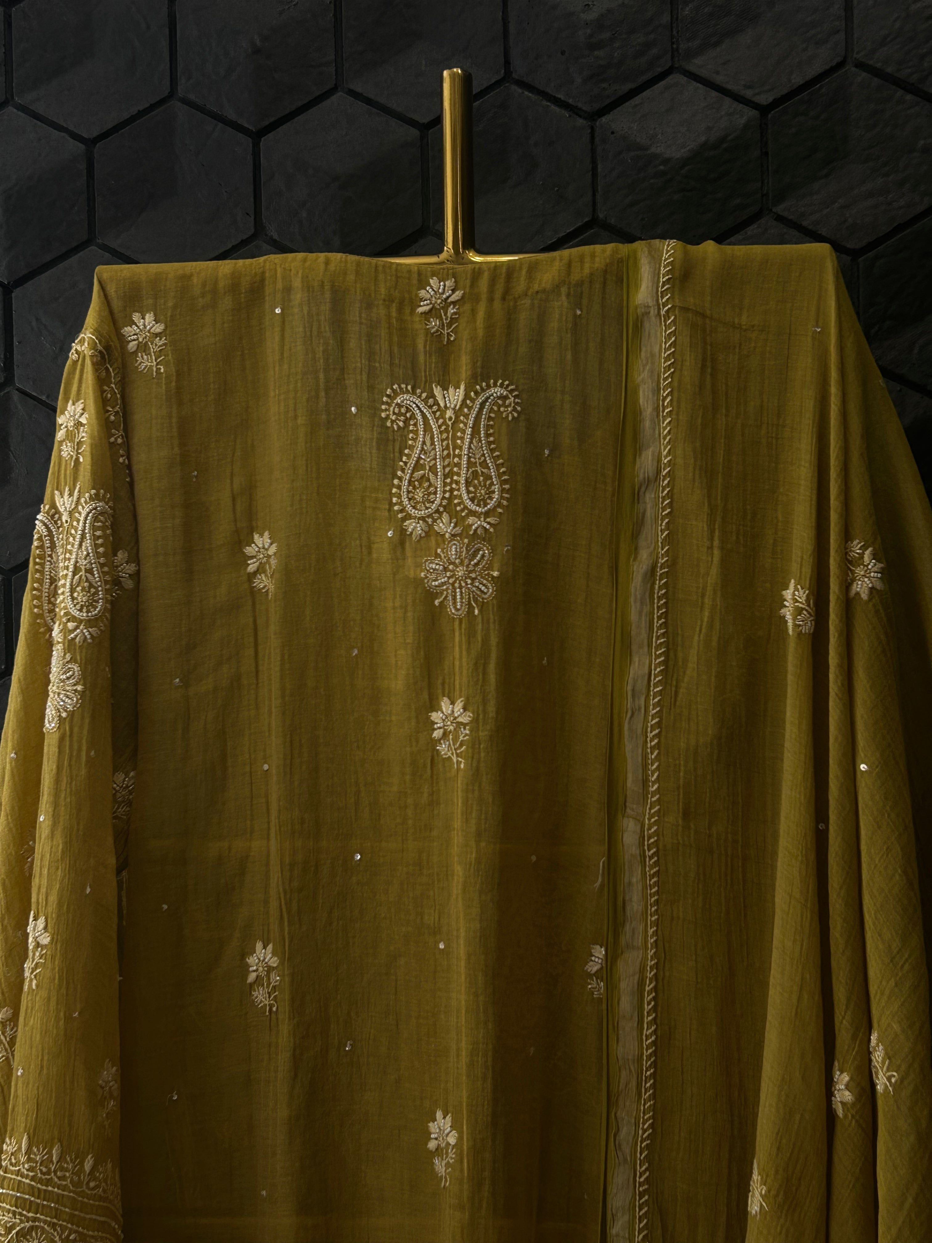 Olive Green Silver Tissue Chikankari Kurta Set