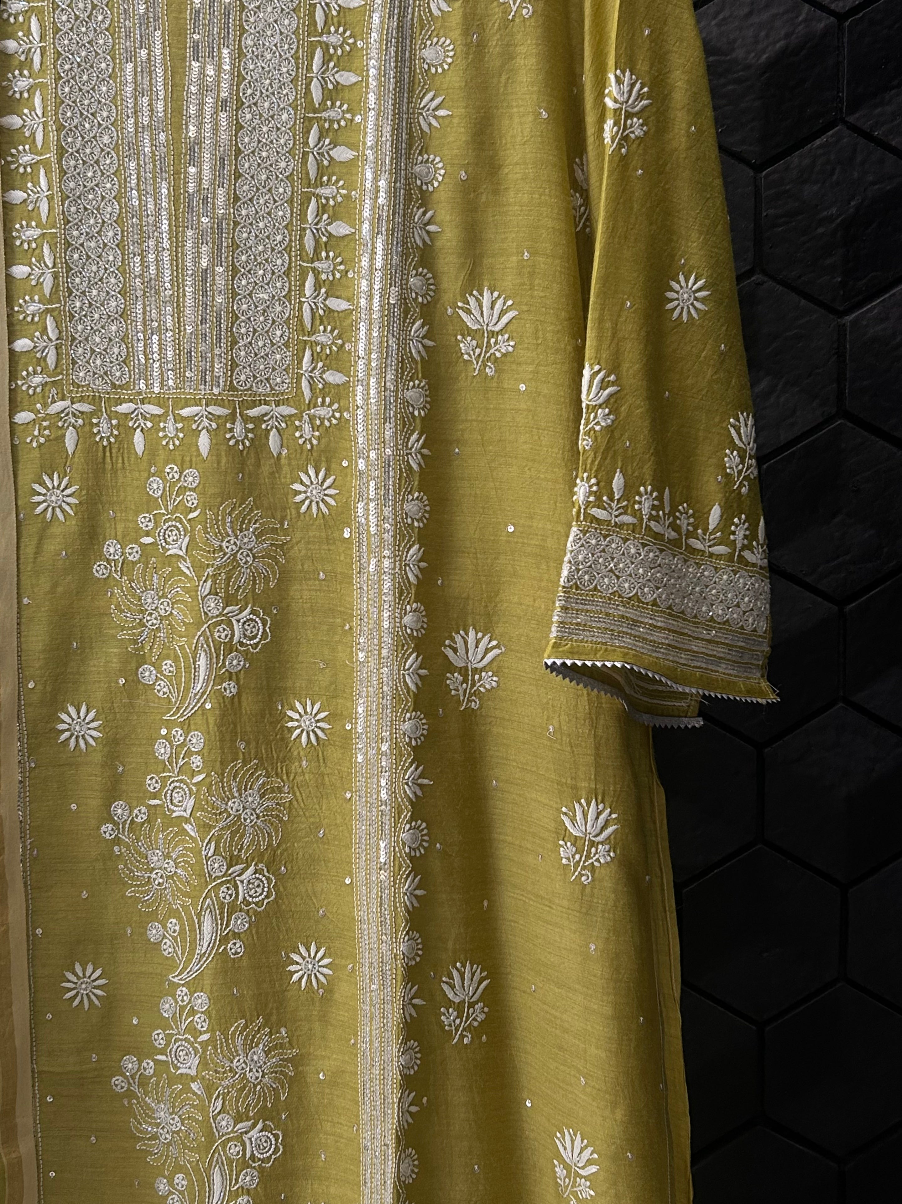 Lime Green Munga Silk Chikankari Kurta Set