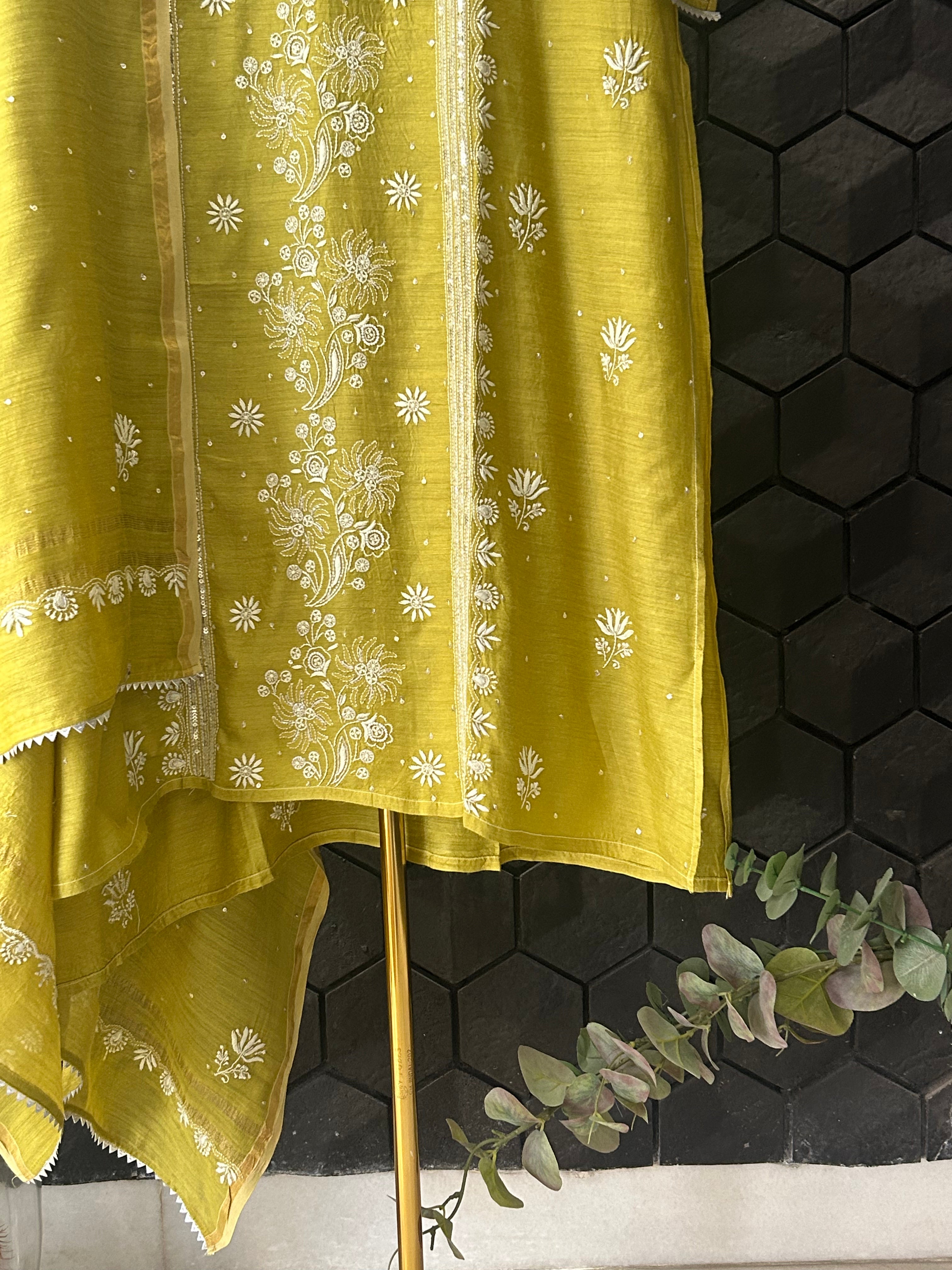 Lime Green Munga Silk Chikankari Kurta Set