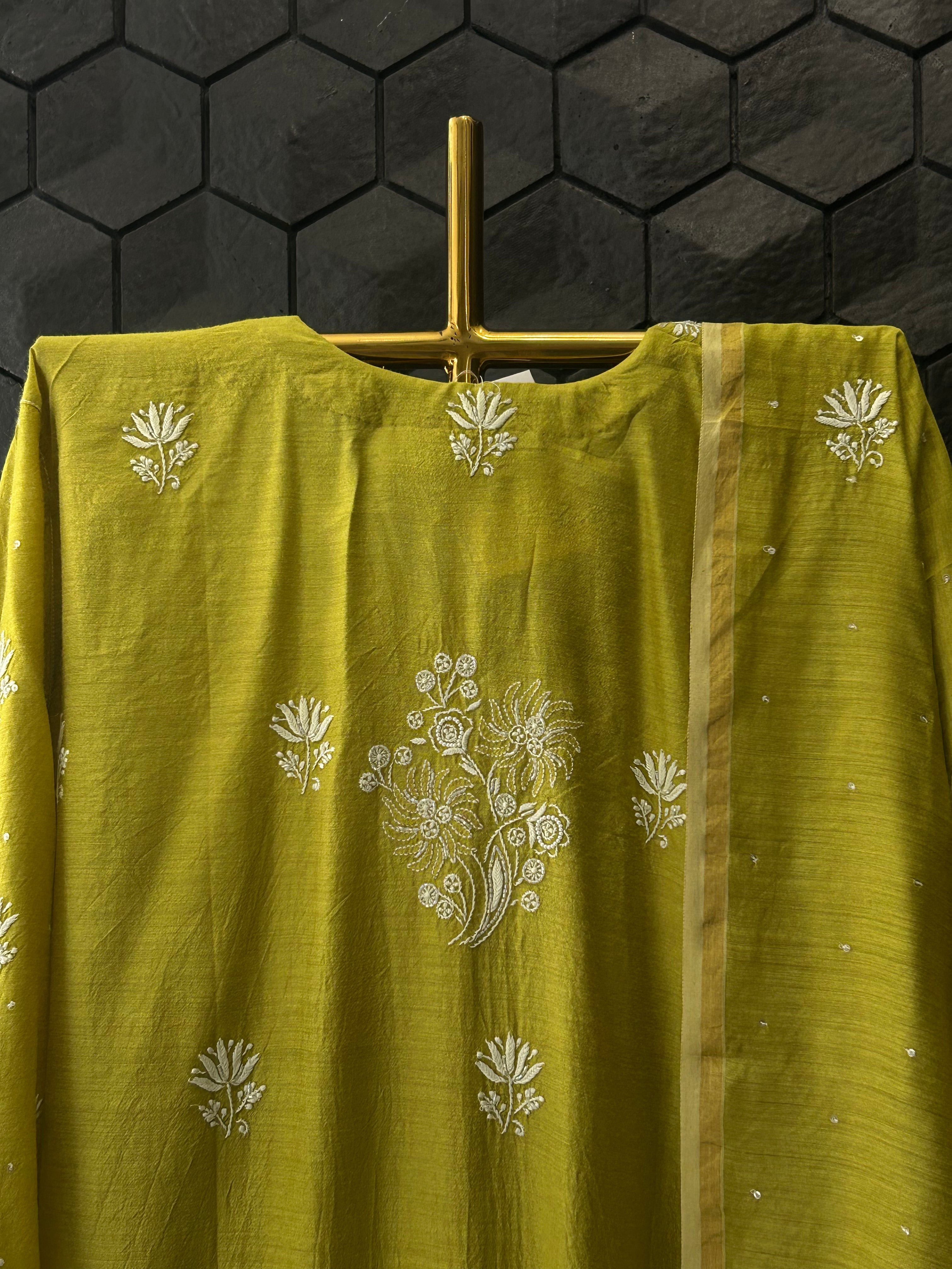 Lime Green Munga Silk Chikankari Kurta Set