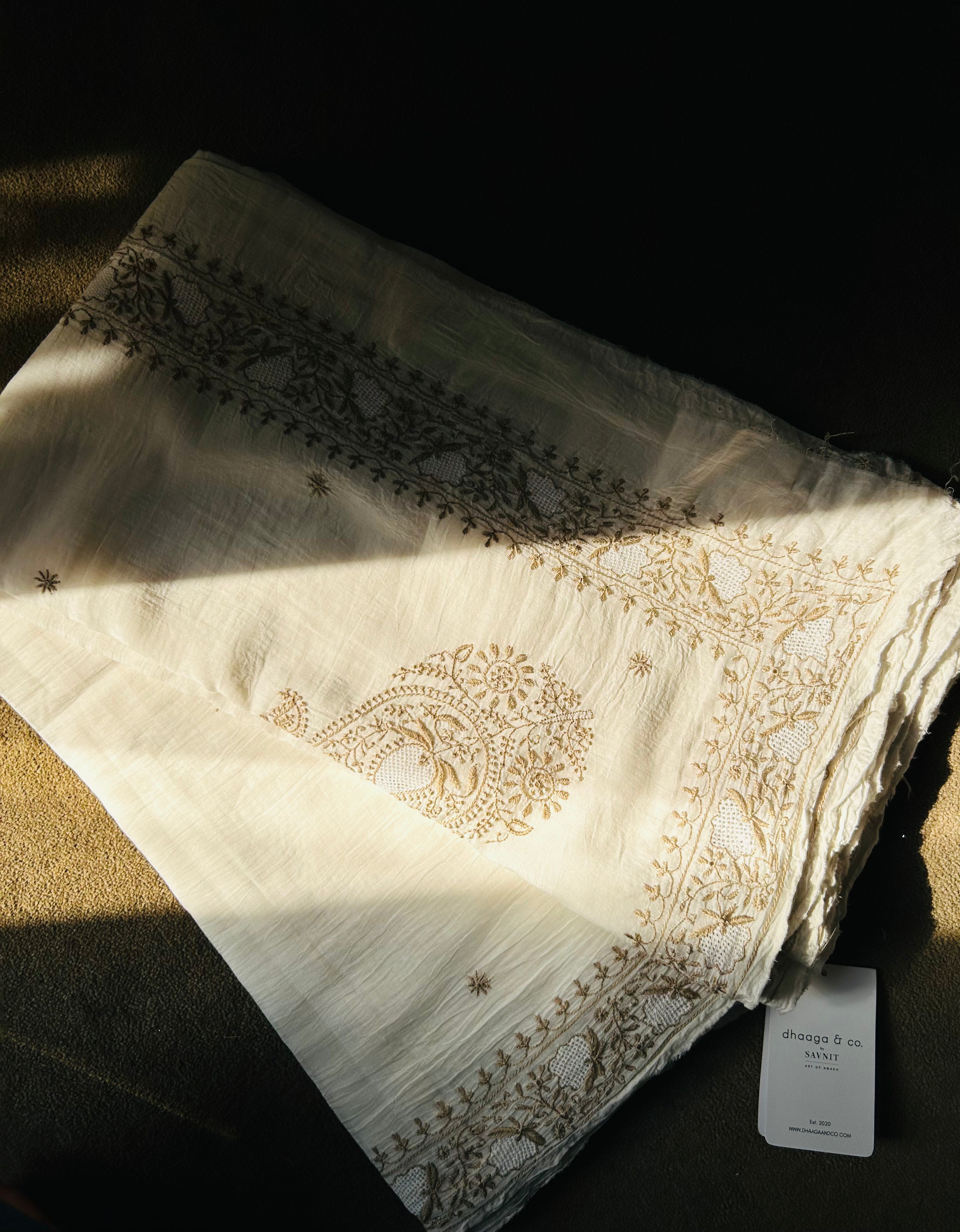 Brown Thread Mul Chanderi Chikankari Saree