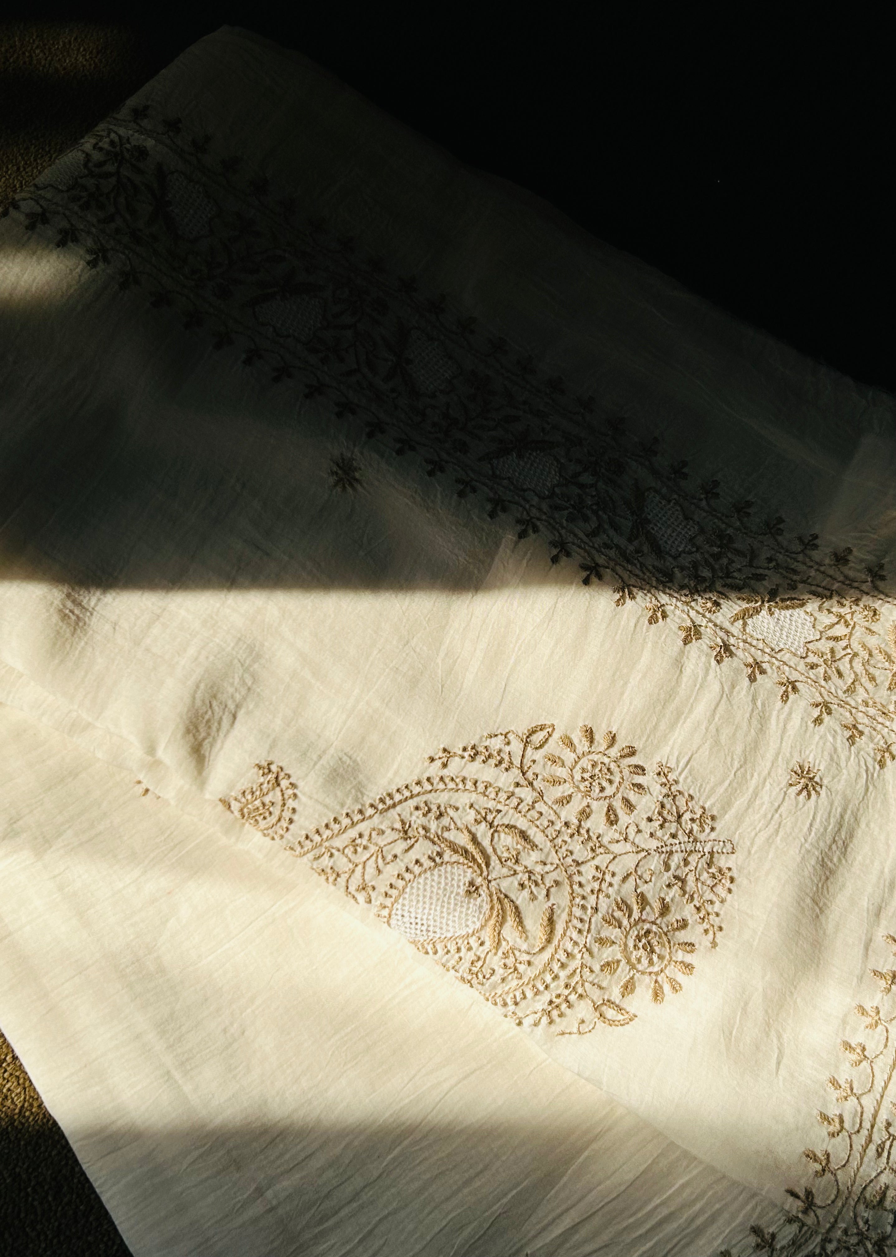 Brown Thread Mul Chanderi Chikankari Saree