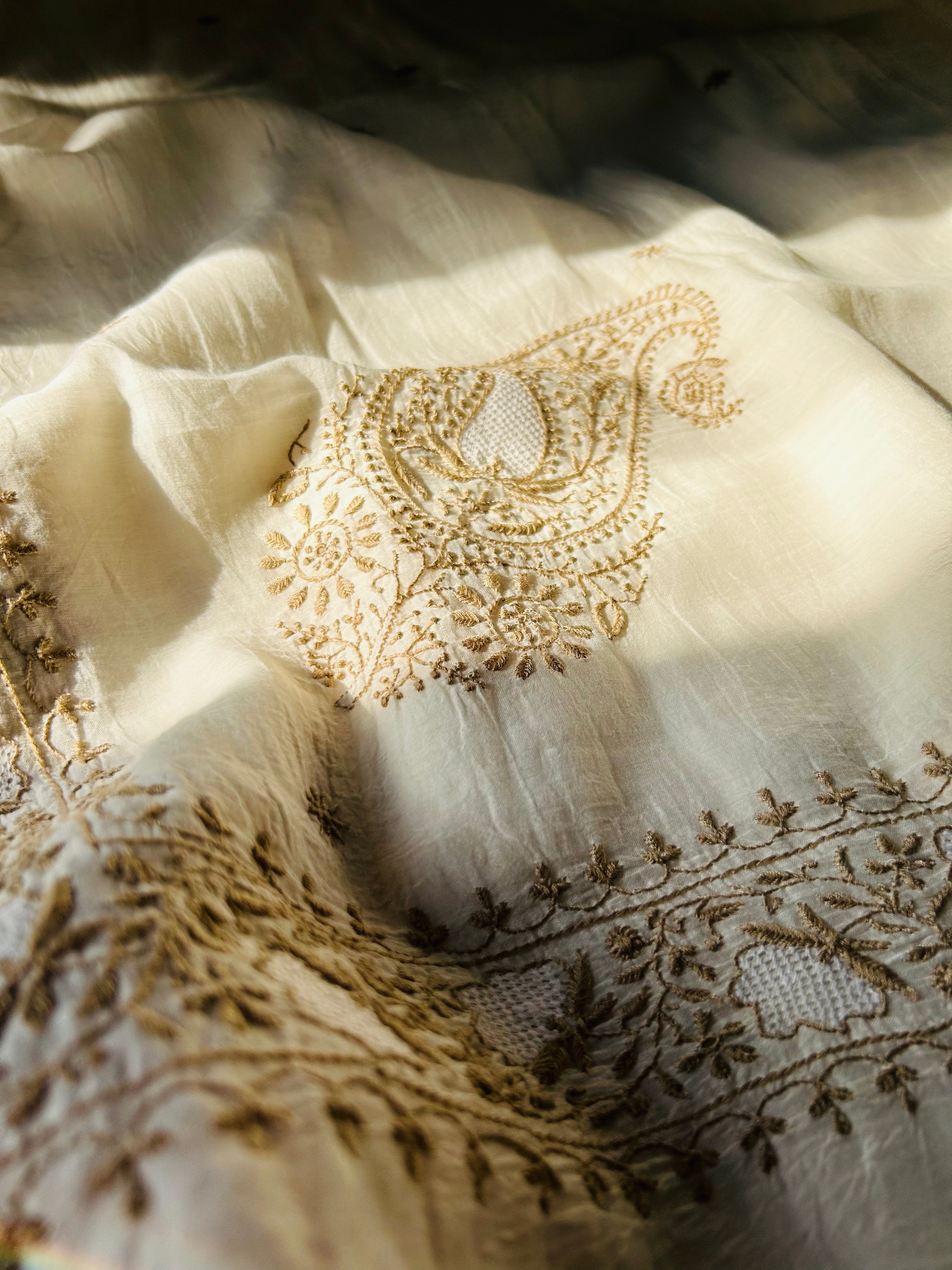 Brown Thread Mul Chanderi Chikankari Saree