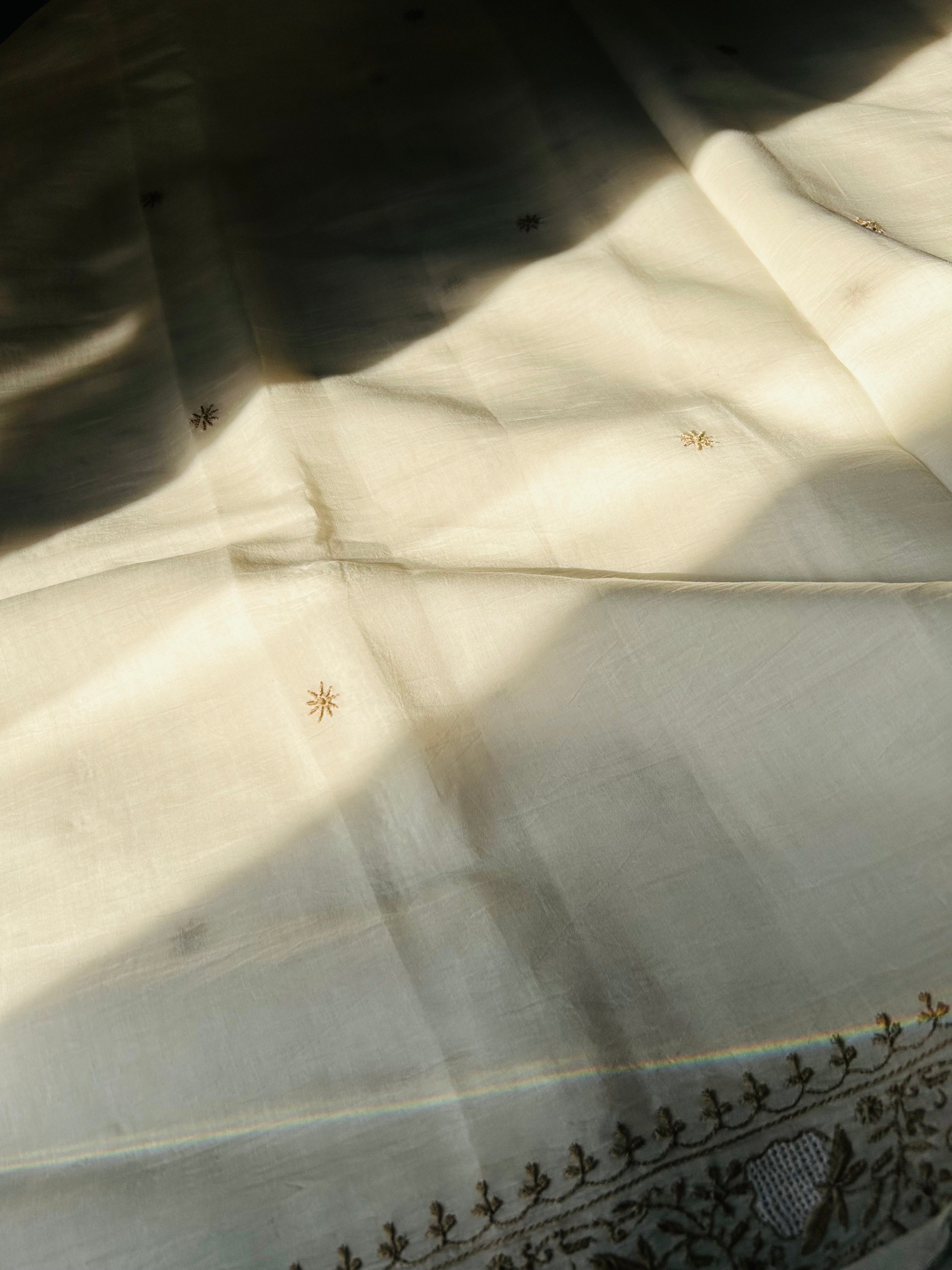 Brown Thread Mul Chanderi Chikankari Saree