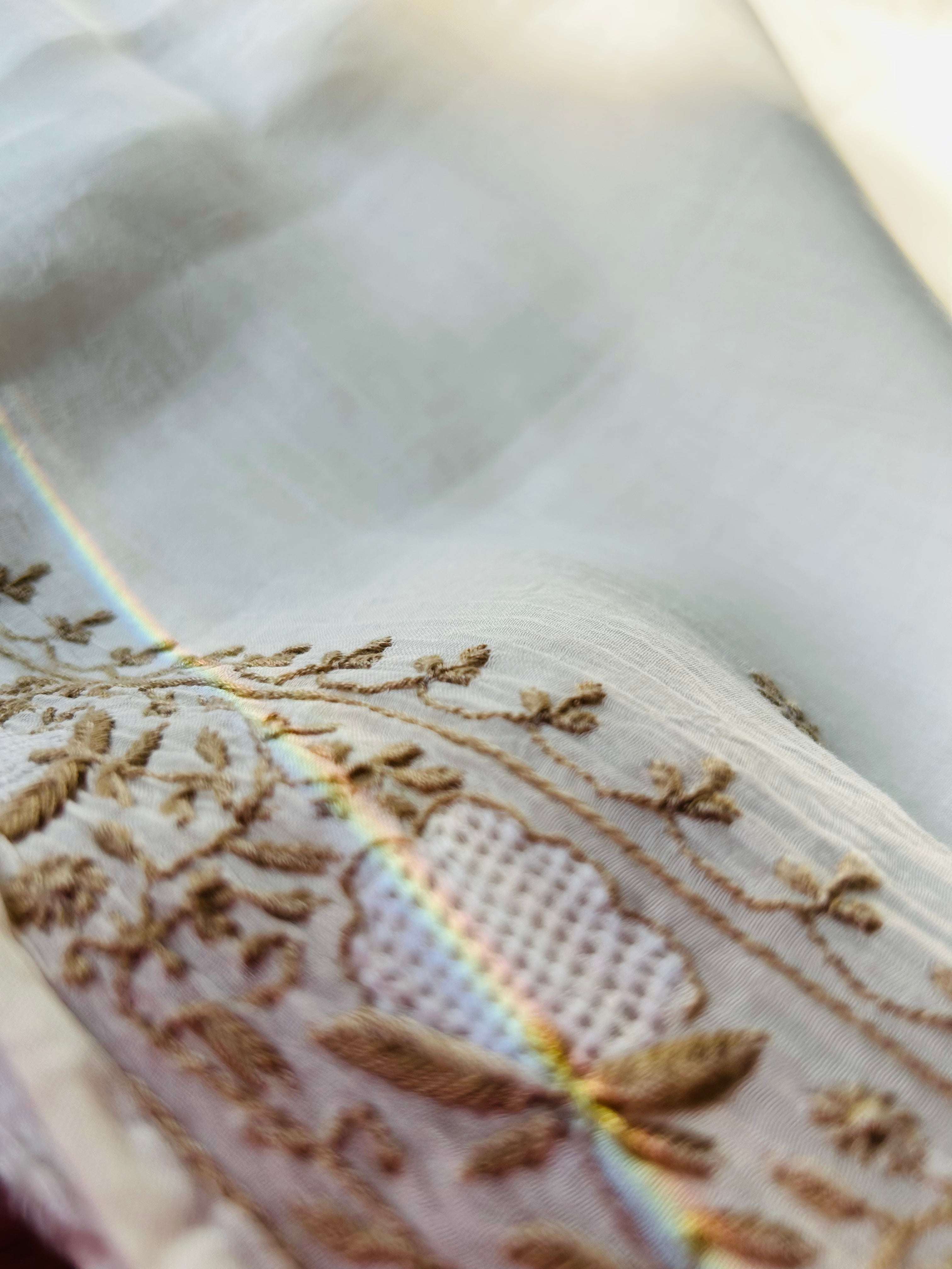 Brown Thread Mul Chanderi Chikankari Saree