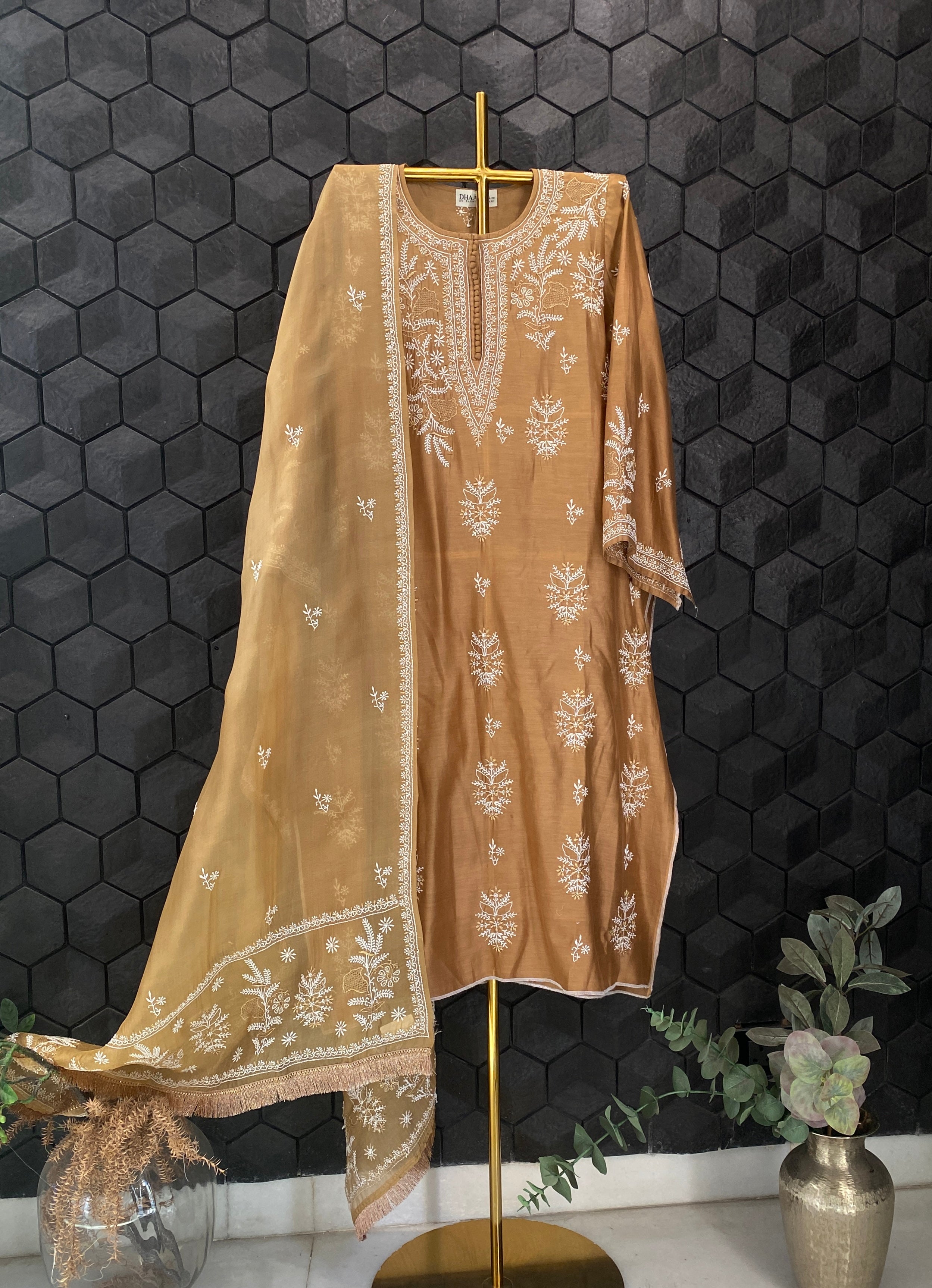 Gold Chanderi Chikankari Kurta Set