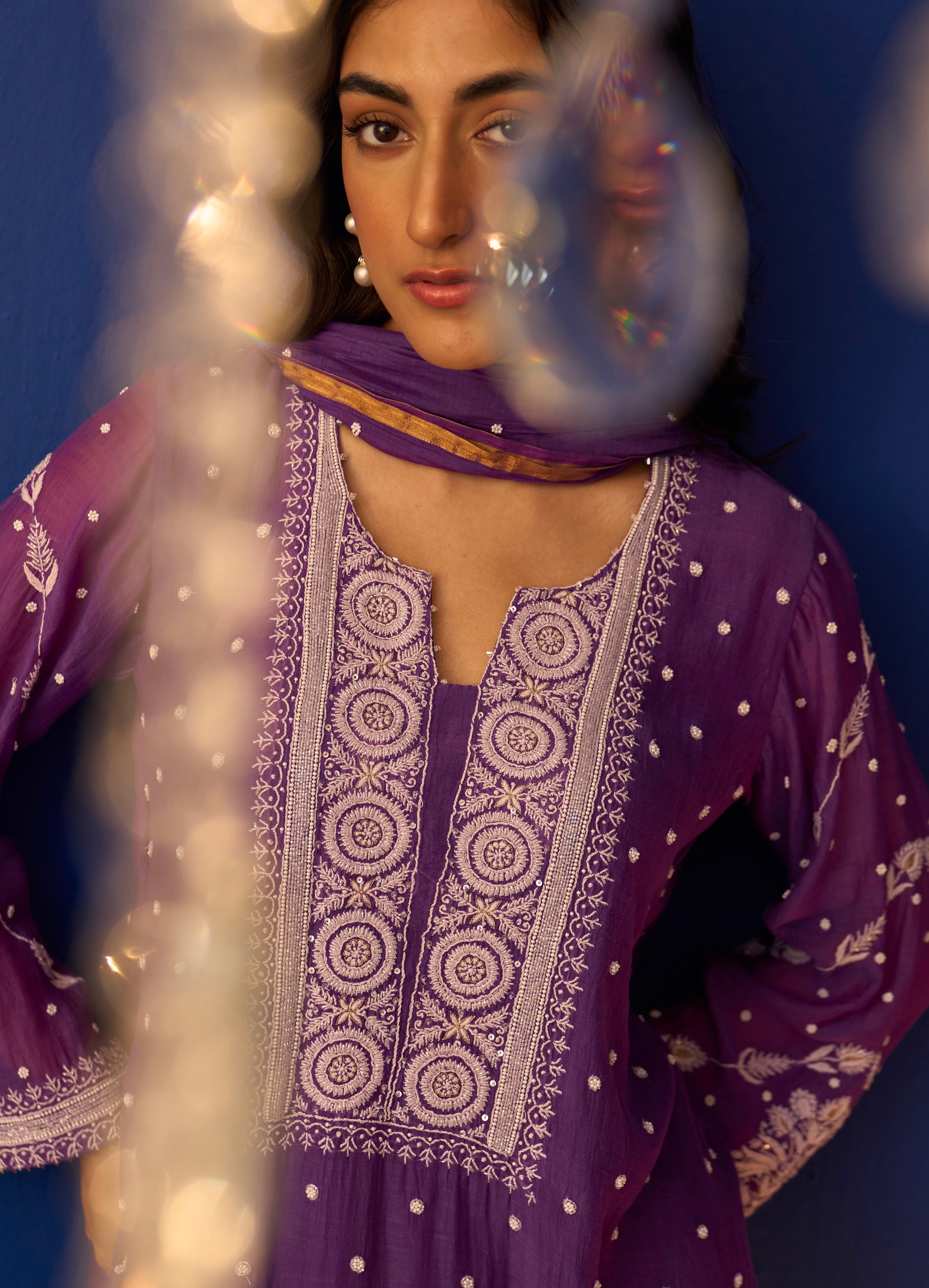 Dark Purple Mul Chanderi Chikankari Straight Kurta Set with pleated pants