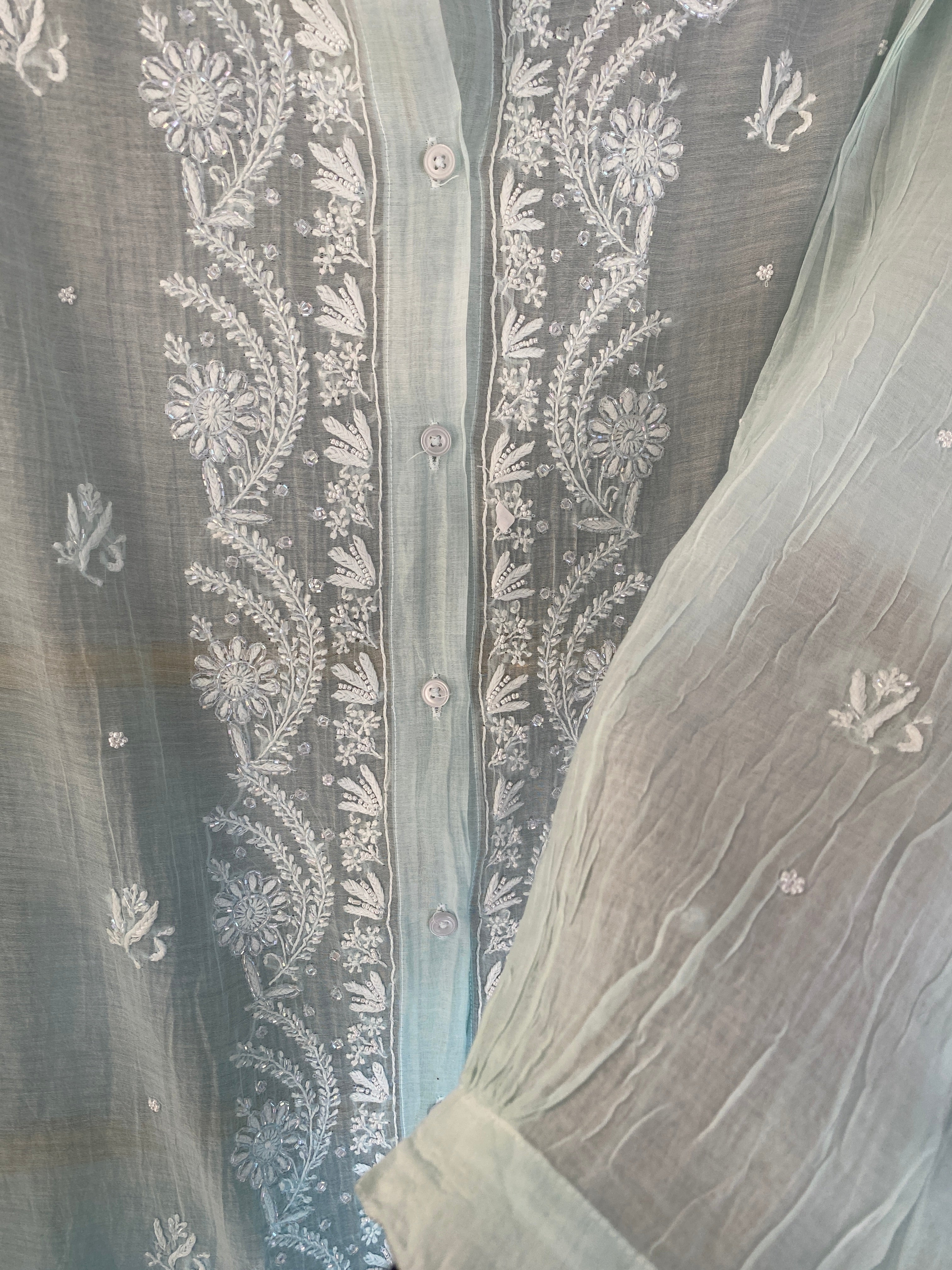 Sea Green Mul Chanderi Chikankari Shirt