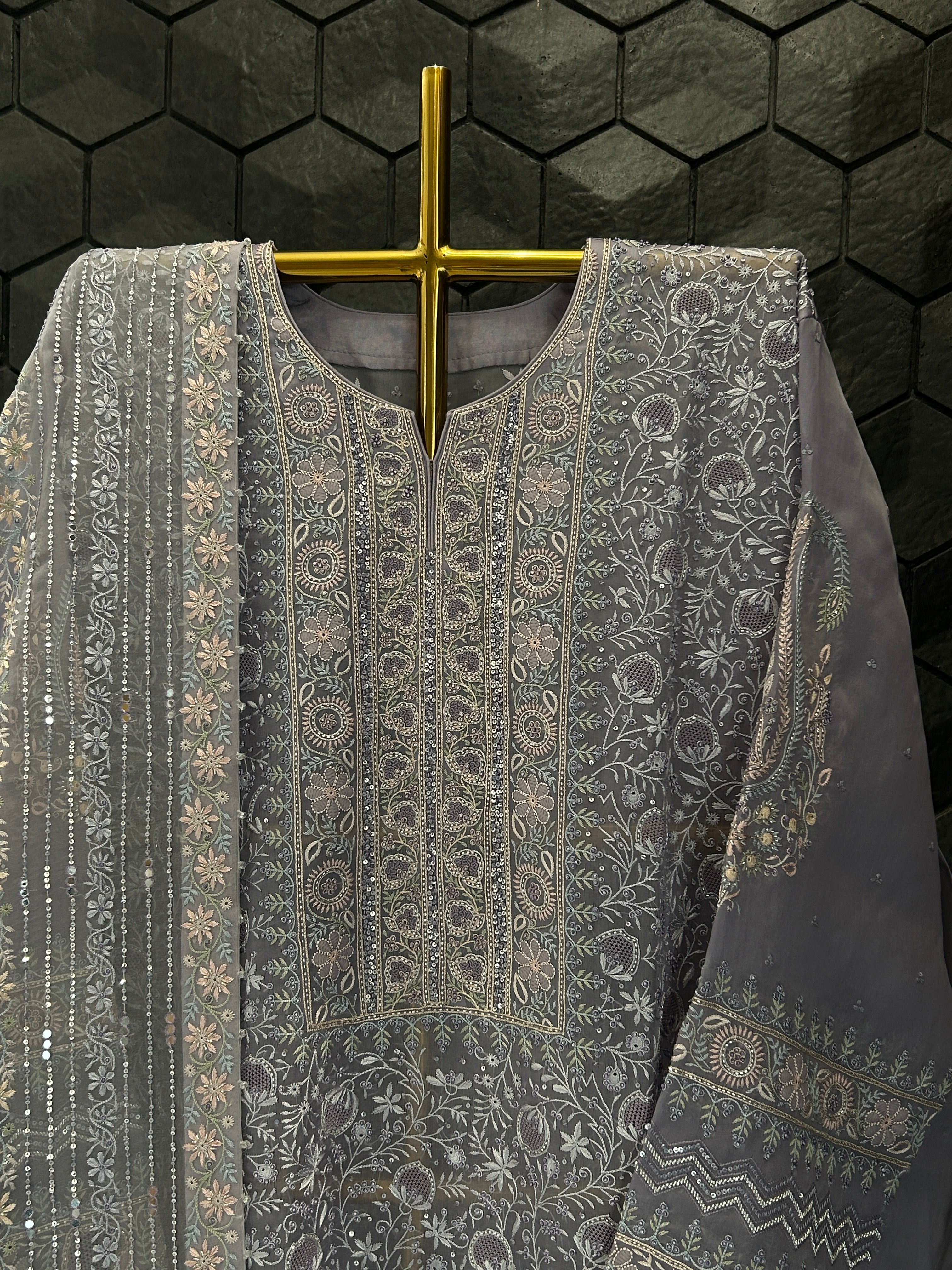 Premium Powder Blue Organza Chikankari Kurta Set