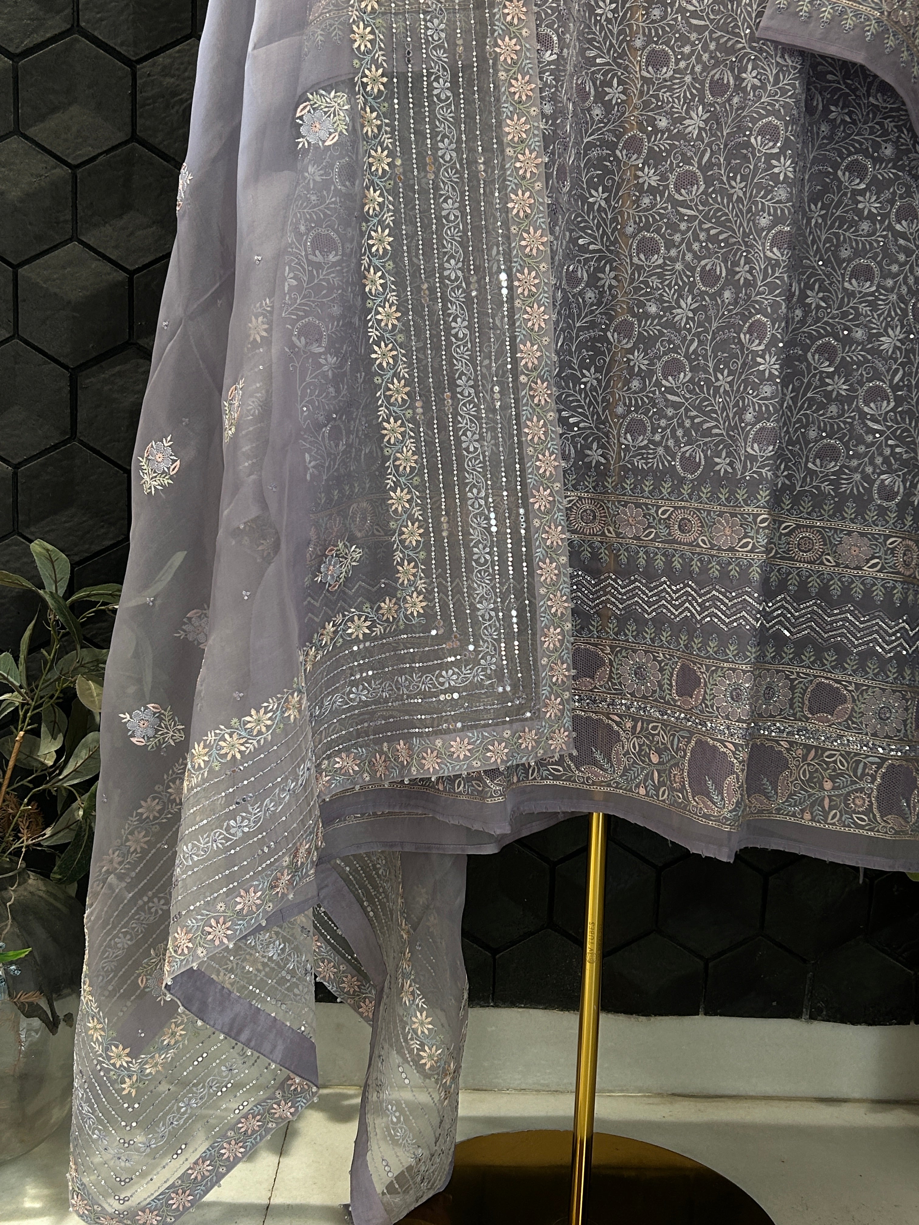 Premium Powder Blue Organza Chikankari Kurta Set