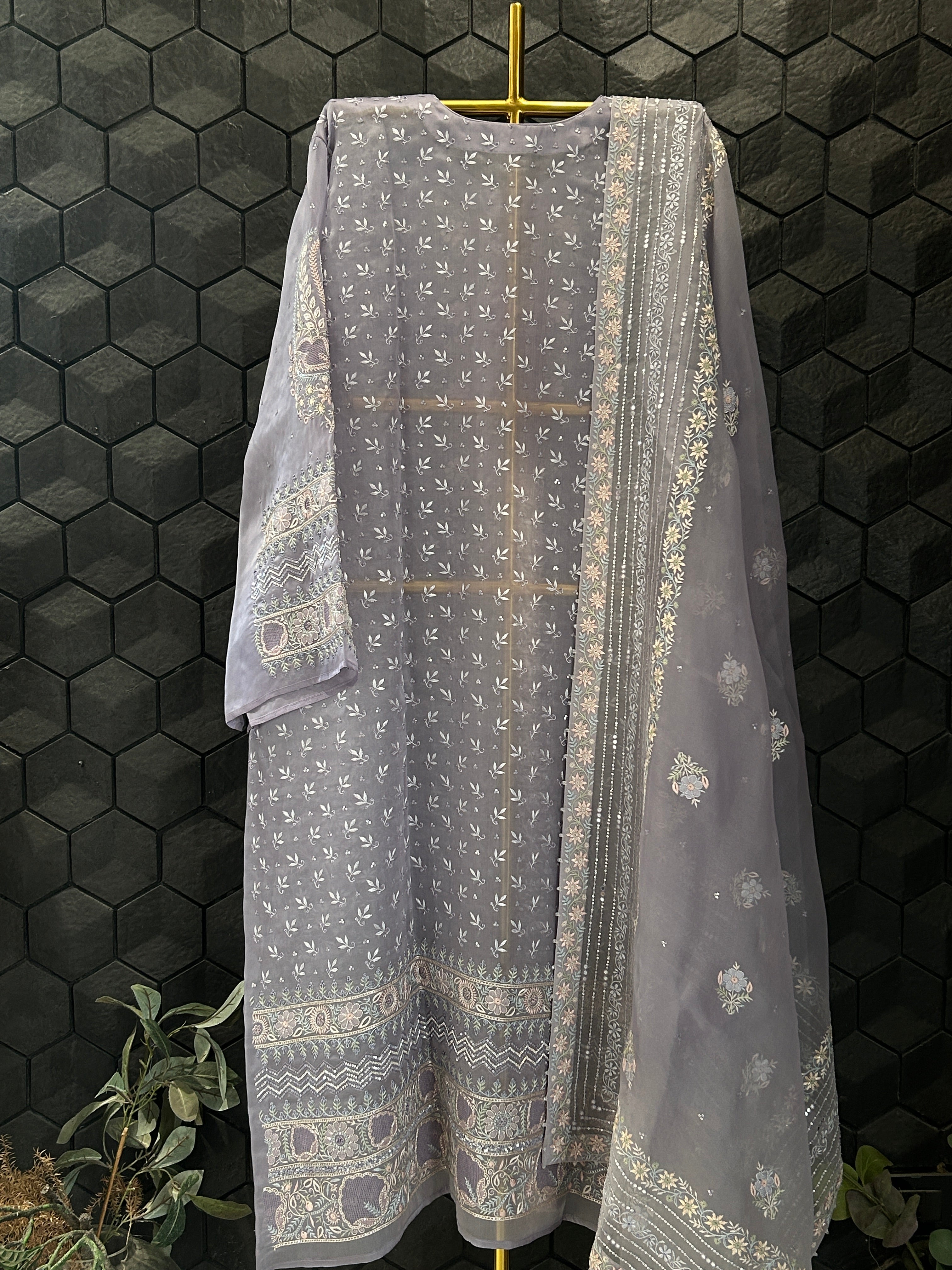 Premium Powder Blue Organza Chikankari Kurta Set