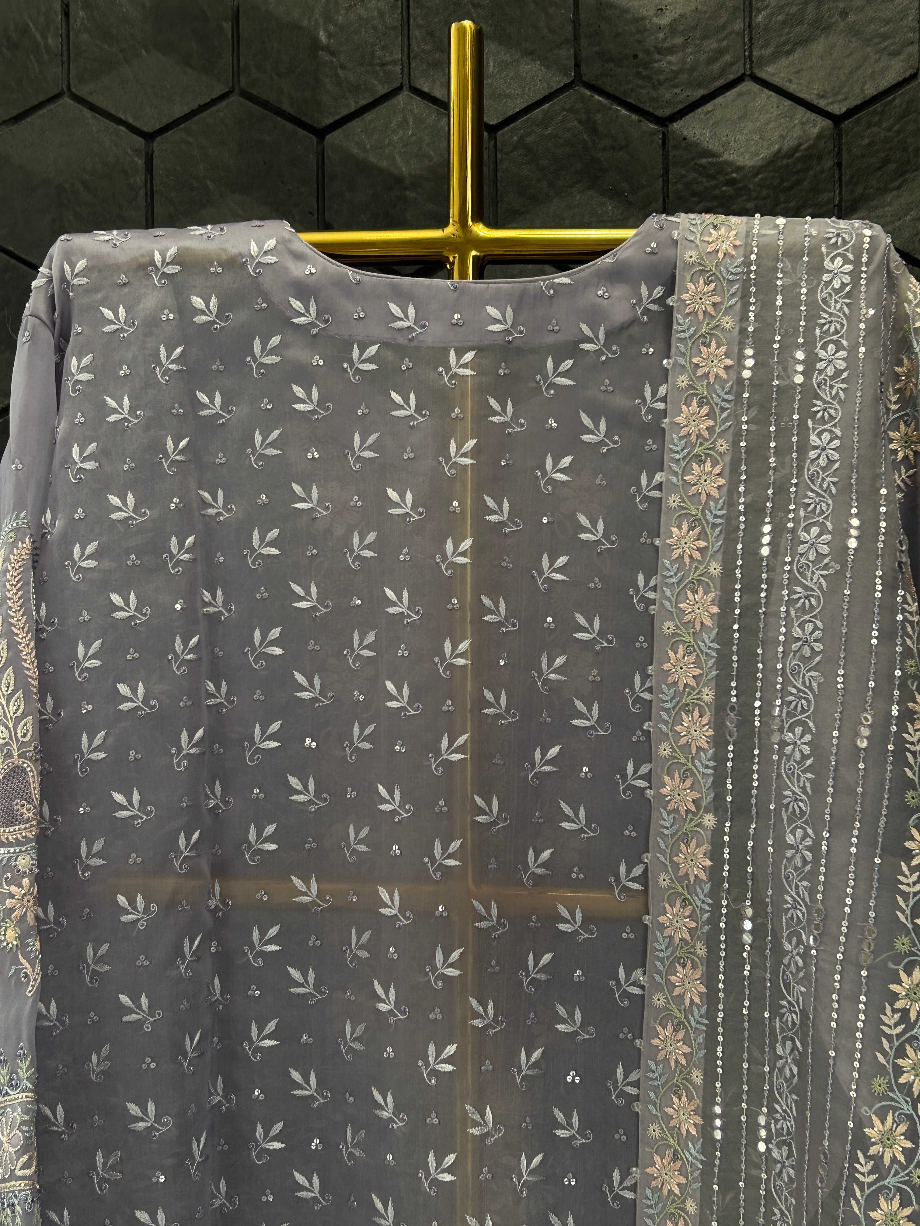 Premium Powder Blue Organza Chikankari Kurta Set